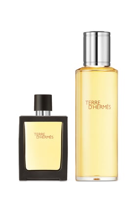 Parfum من مجموعة Terre d'Hermès، بخاخ للسفر سعة 30 مل وعبوة بديلة سعة 125 مل.
