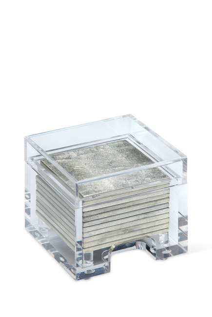 قواعد أكواب كوست بوكس من رقائق الفضة مع صندوق شفاف، طقم من 8 قطع