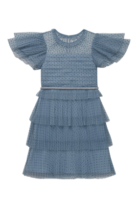 فستان أزرق متوسط الطول للأطفال بحافة قماش شبكي منقط
