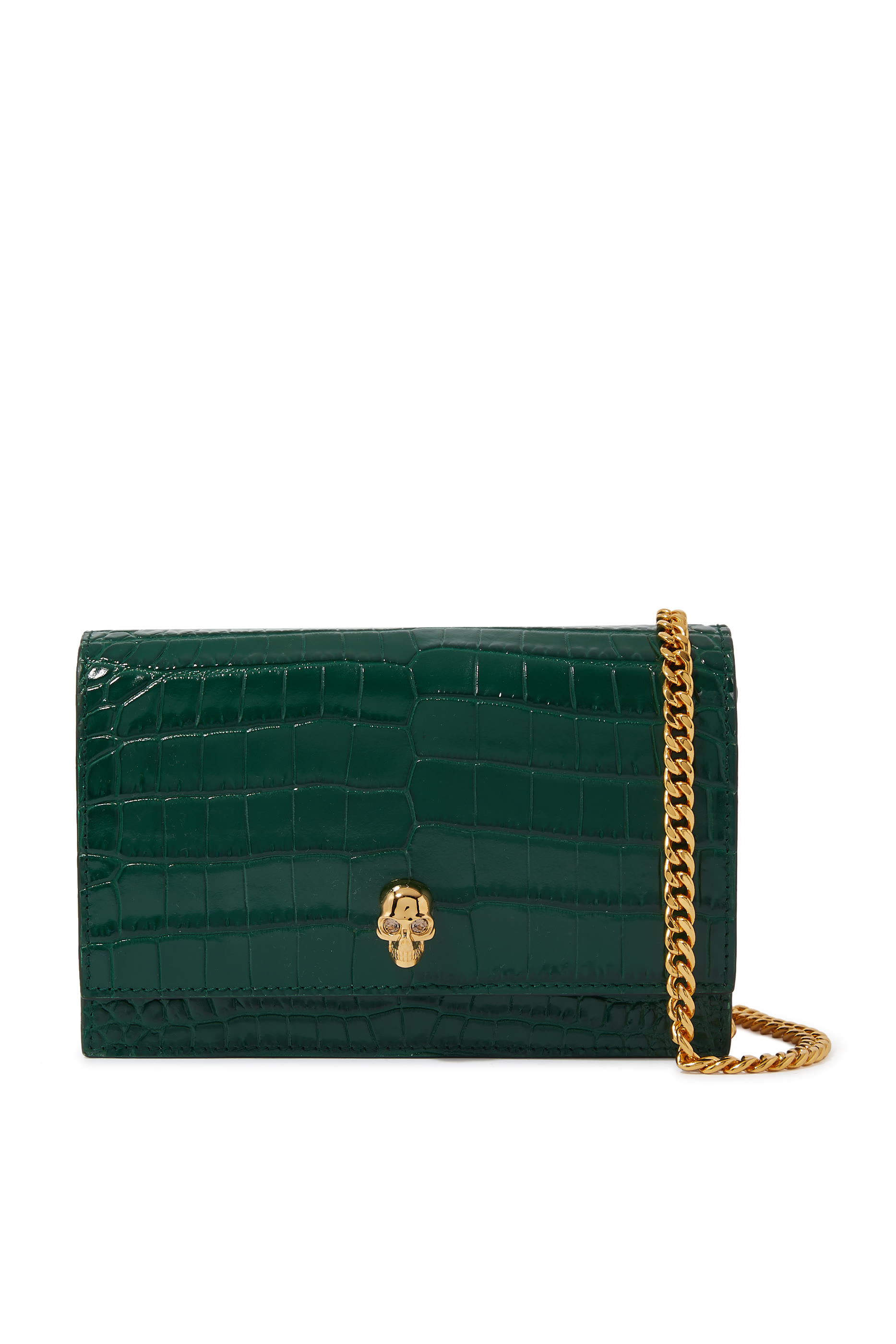 حقيبة صغيرة مزينة بجمجمة جلد لامع بنقشة جلد التمساح