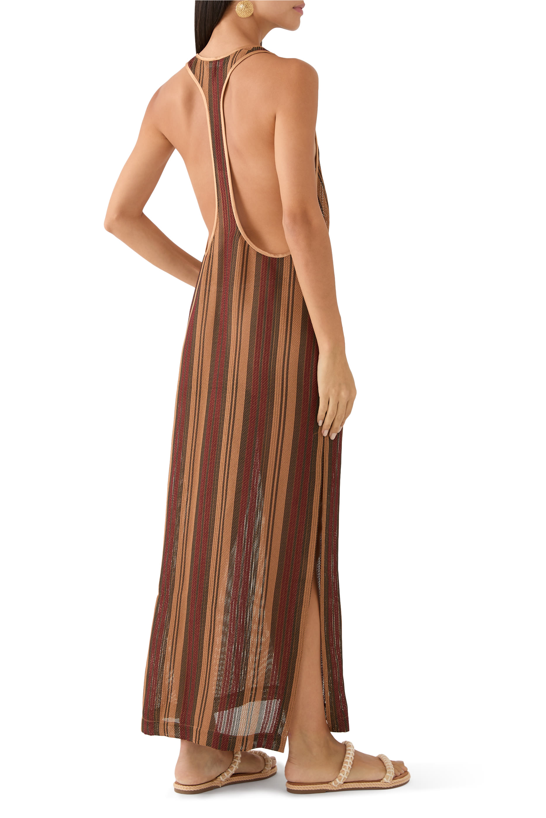 فستان سانا طويل بلا أكمام بنقشة مخططة قماش شبكي