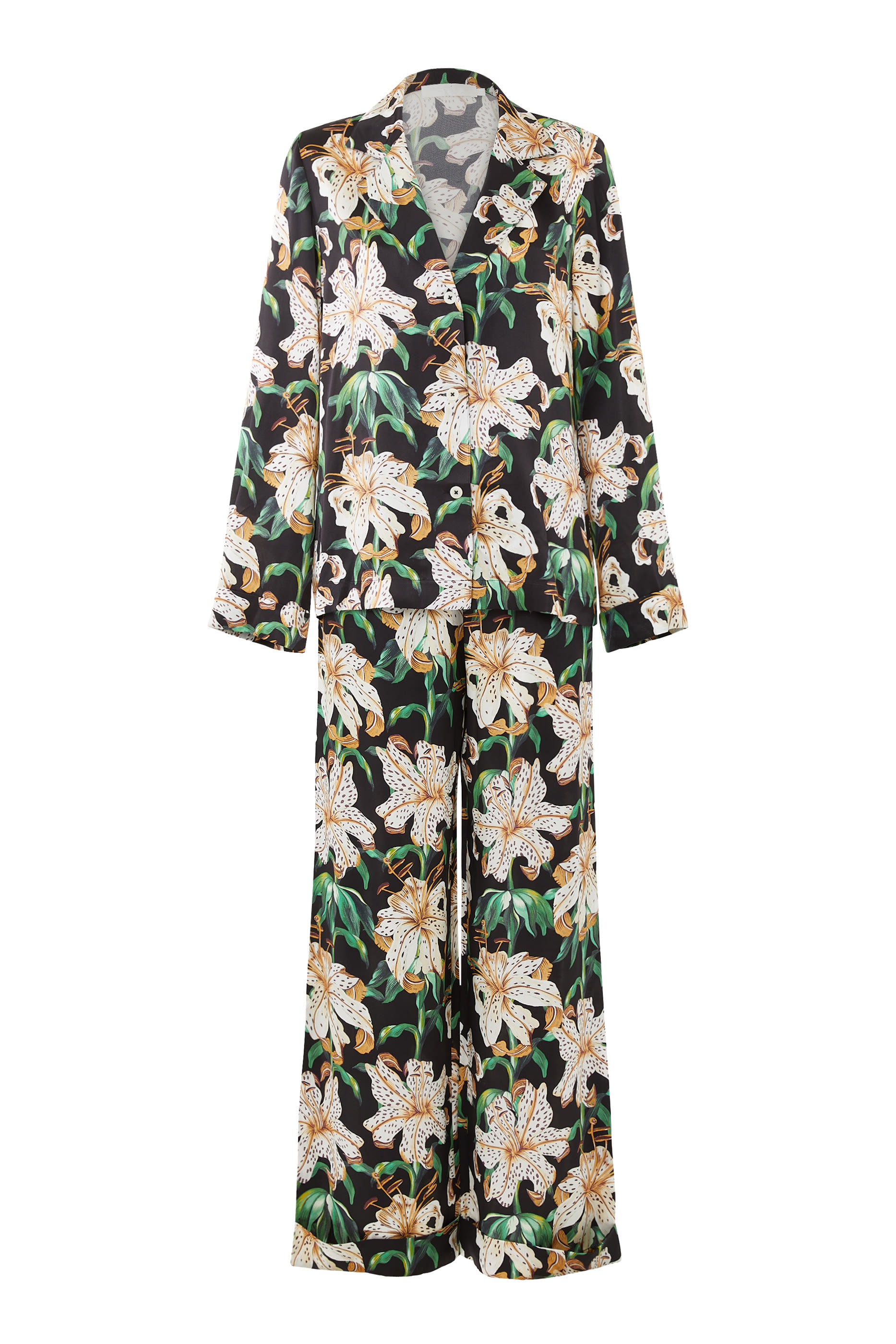 طقم بيجامة حرير بقصة طويلة بطبعة ليليوم