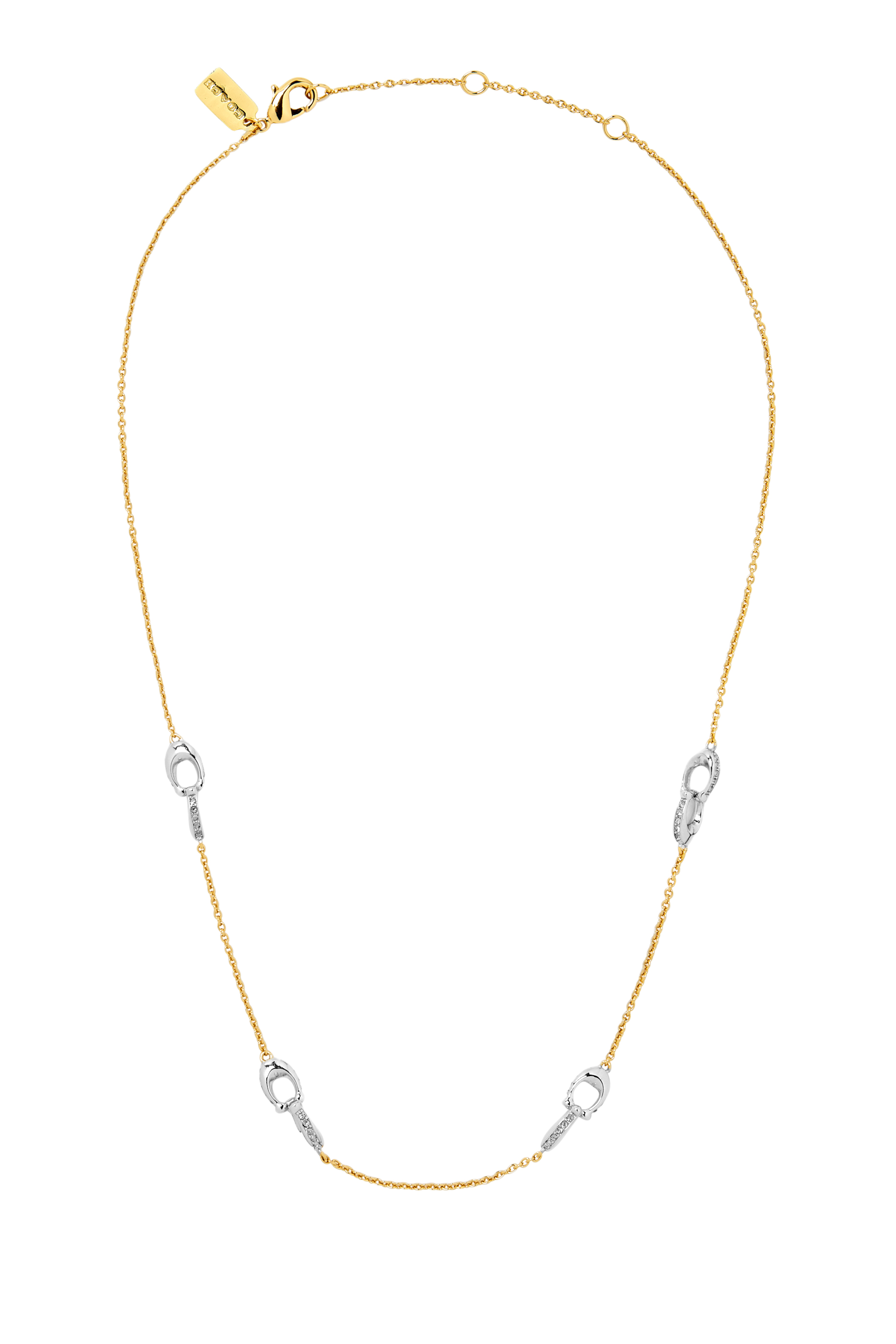 قلادة بسلاسل عدة وحلية بشعار الماركة مرصعة بكريستال، معدن