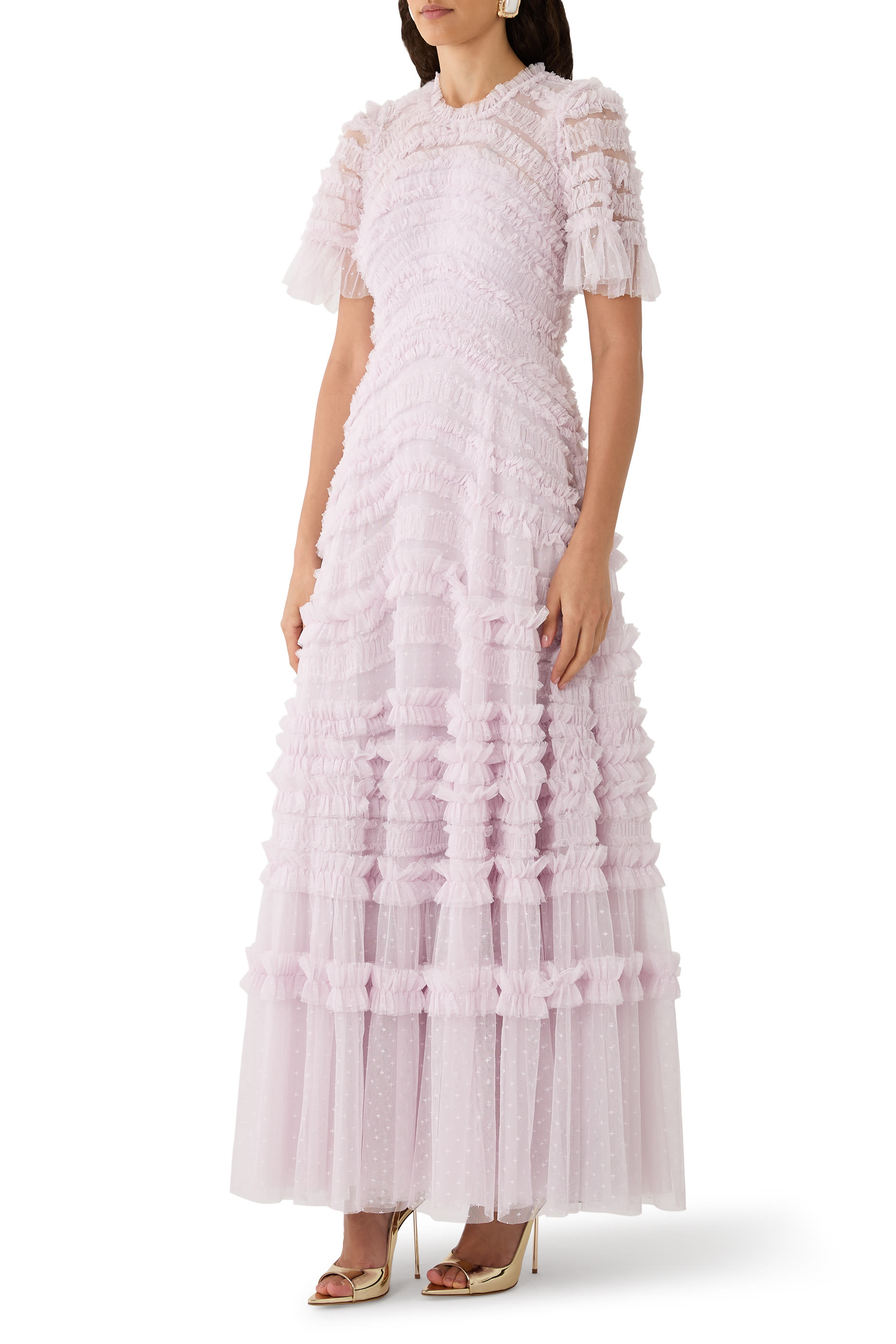 فستان سهرة أمارا بياقة مستديرة مزين بكشكش