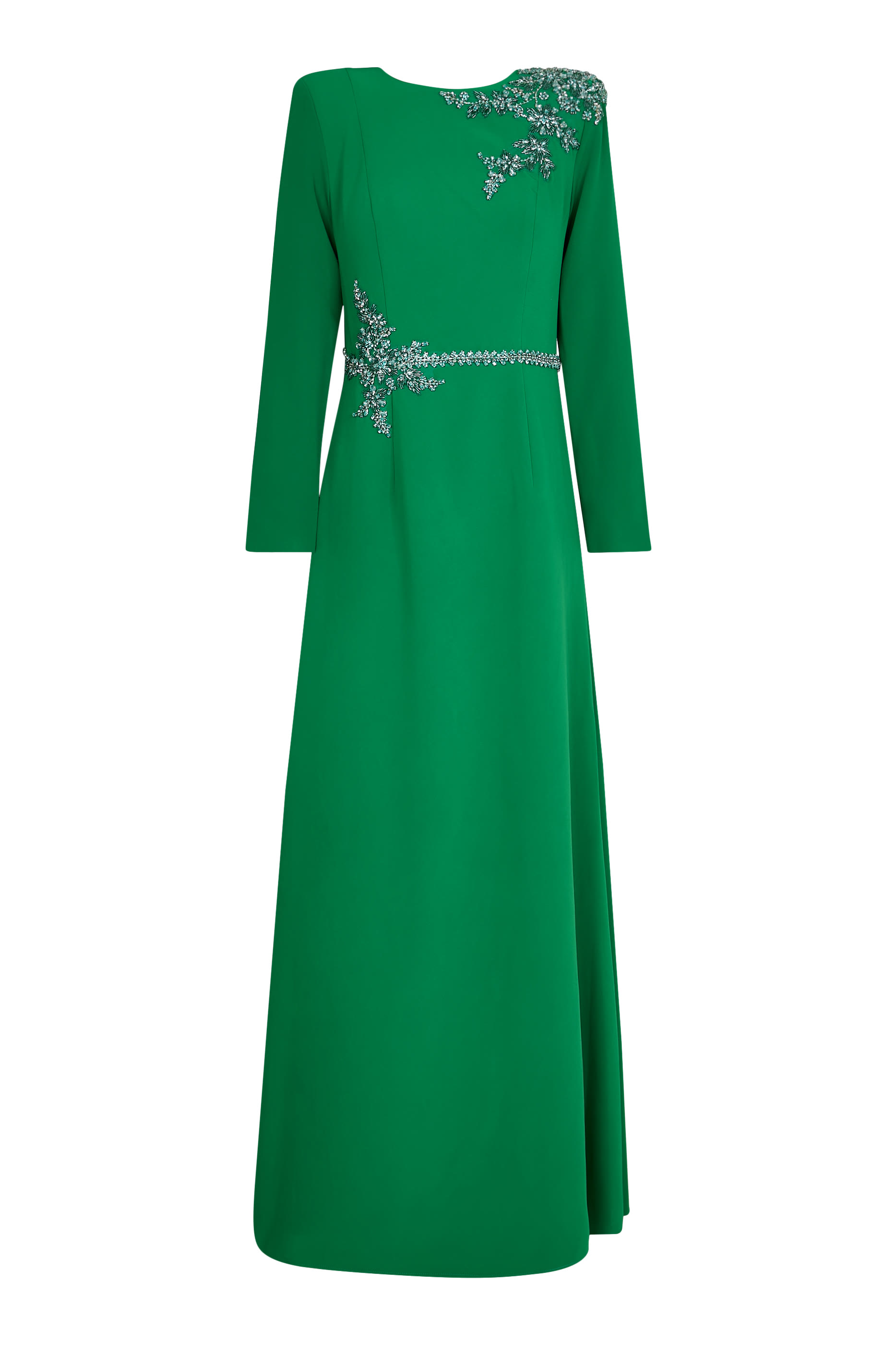 فستان سهرة بأكمام طويلة وتطريز بارز الملمس بالخرز عند الخصر