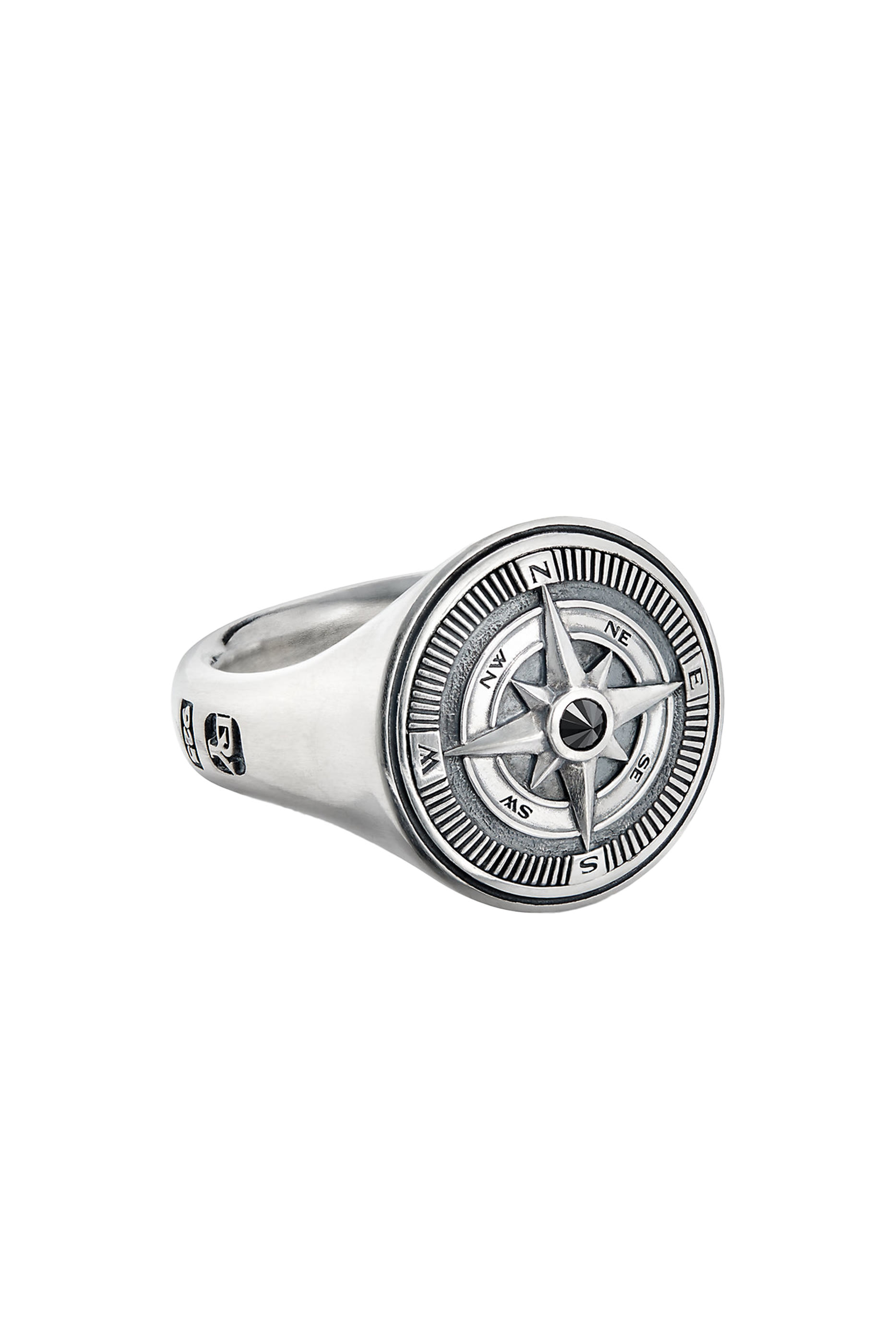 خاتم مارتايم بتصميم بوصلة مرصع بالماس الأسود فضة إسترلينية