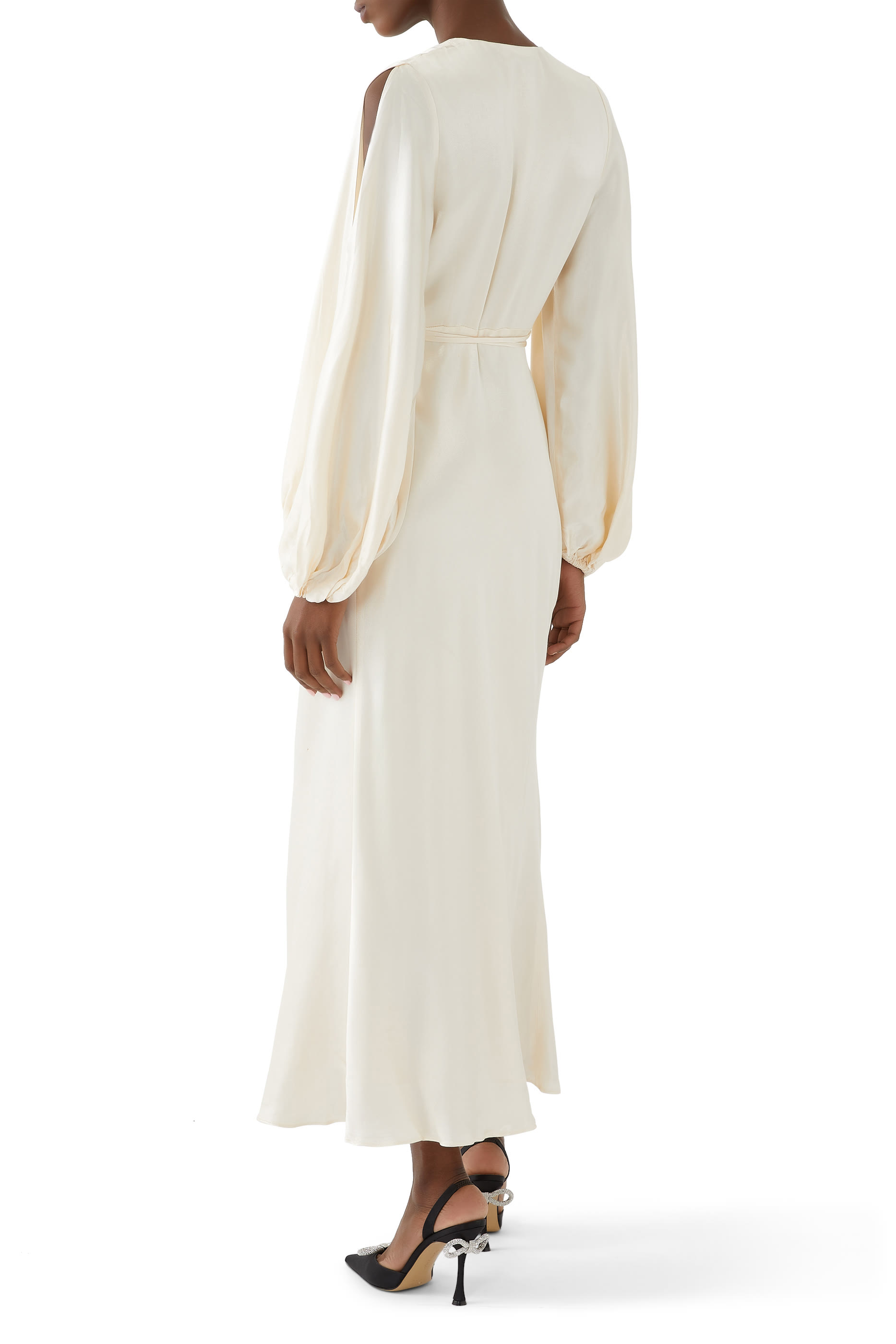 فستان لا لون متوسط الطويل بتصميم ملفوف وأكمام طويلة