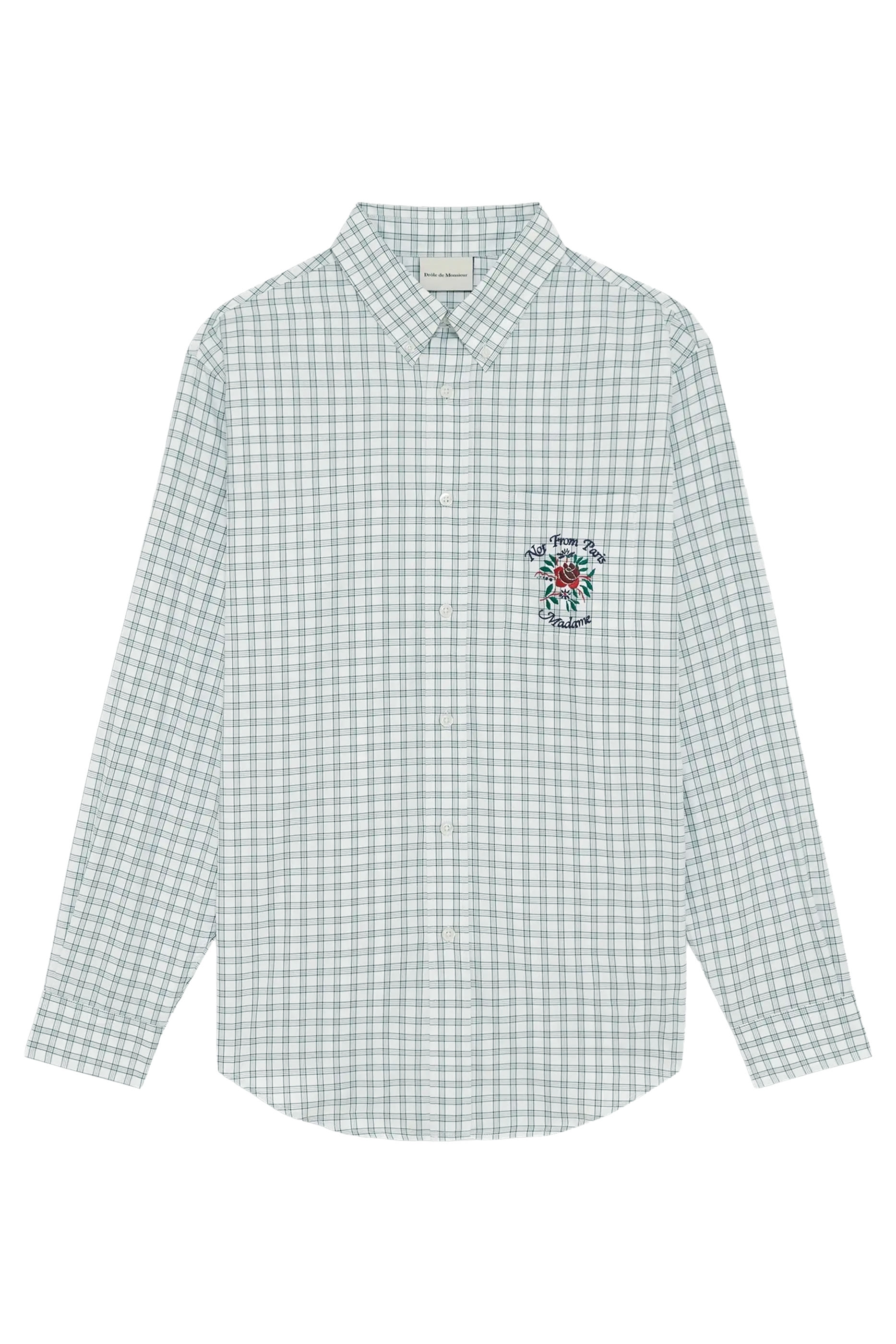 قميص بنقشة مربعات وتطريز شعار الماركة وزهرة