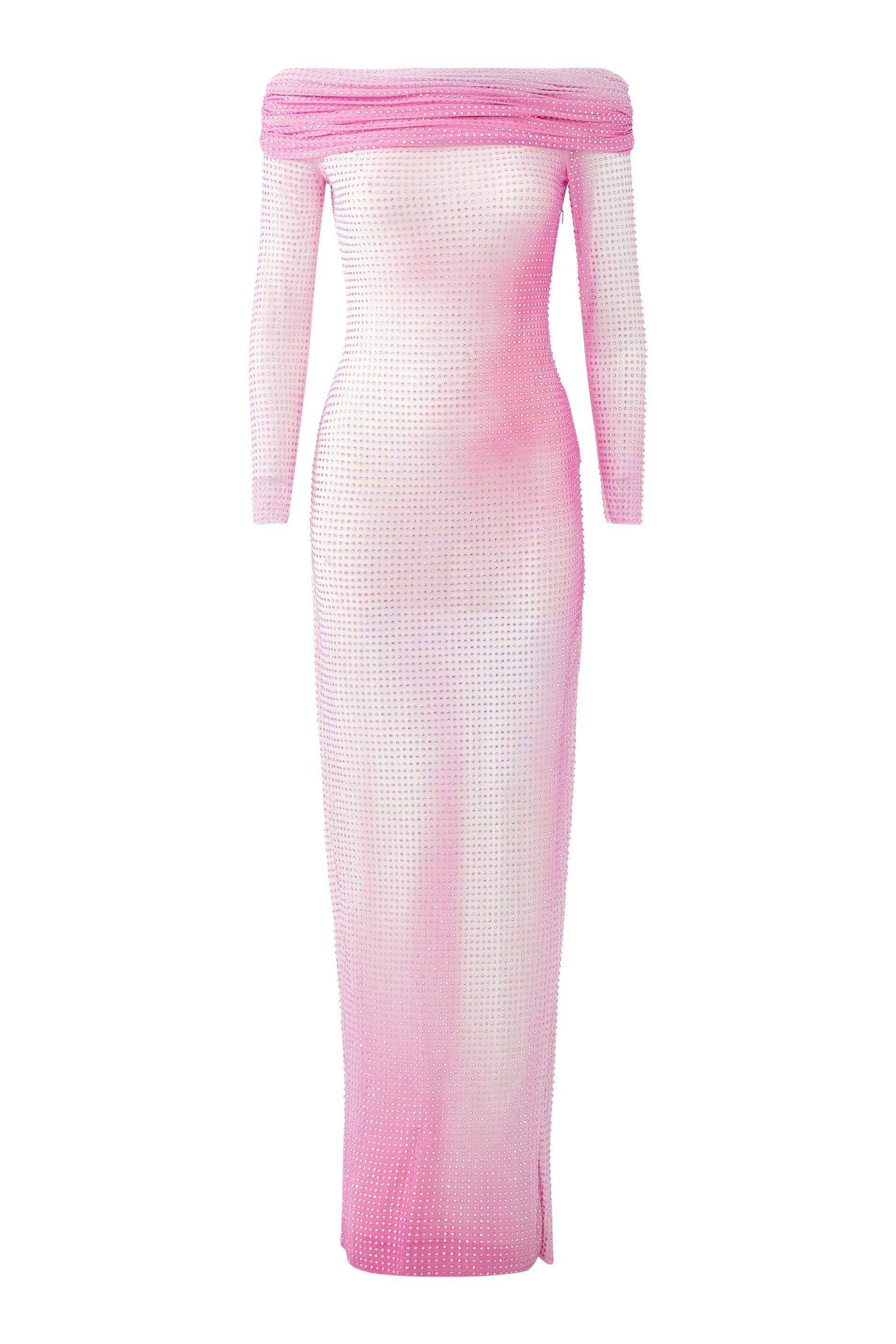 فستان طويل بأكتاف متساقطة مزين بالكريستال ونقشة تبرز جمال قوامك