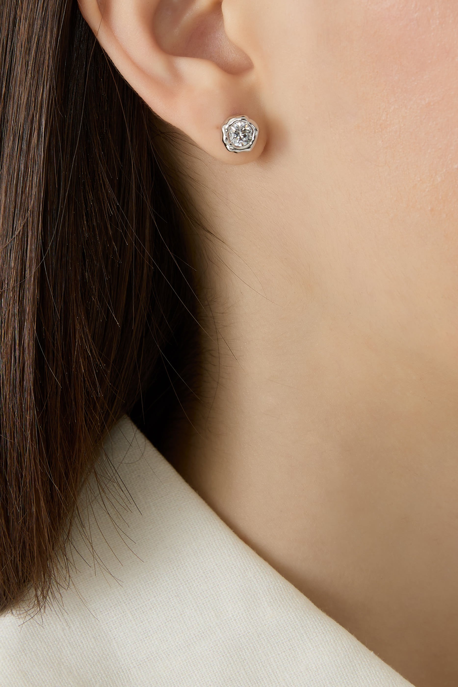 Asterales Molten Bezel Stud Earrings, Rhodium Tone Plated Brass Metalwork with Cubic Zirconia