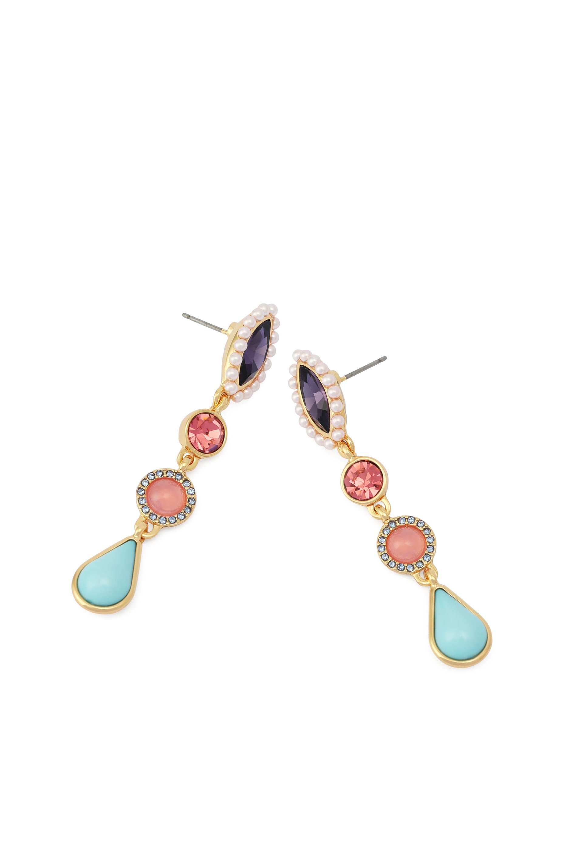 أقراط متدلية مرصعة بأحجار كريمة، كريستال نحاسي وزجاجي، لؤلؤ زجاجي، راتنج