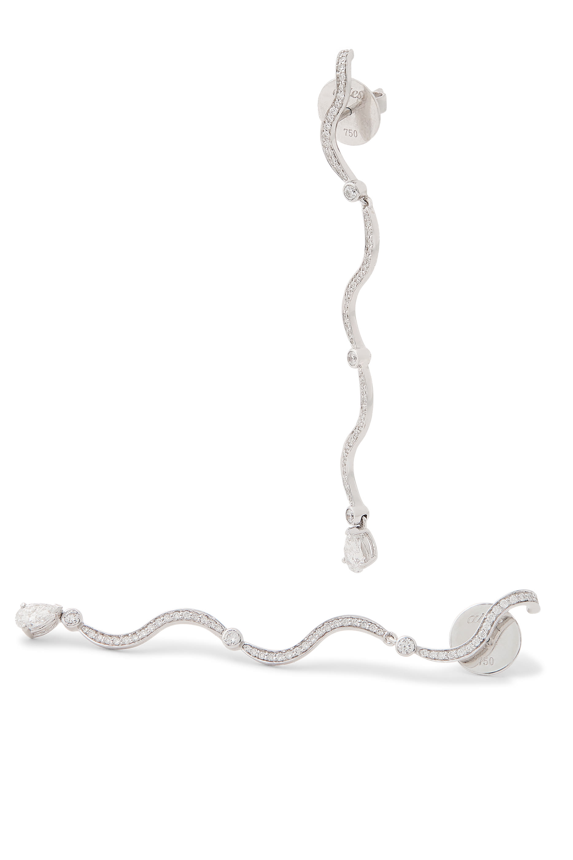 أقراط ويف متدلية مرصعة بالماس، ذهب أبيض عيار 18