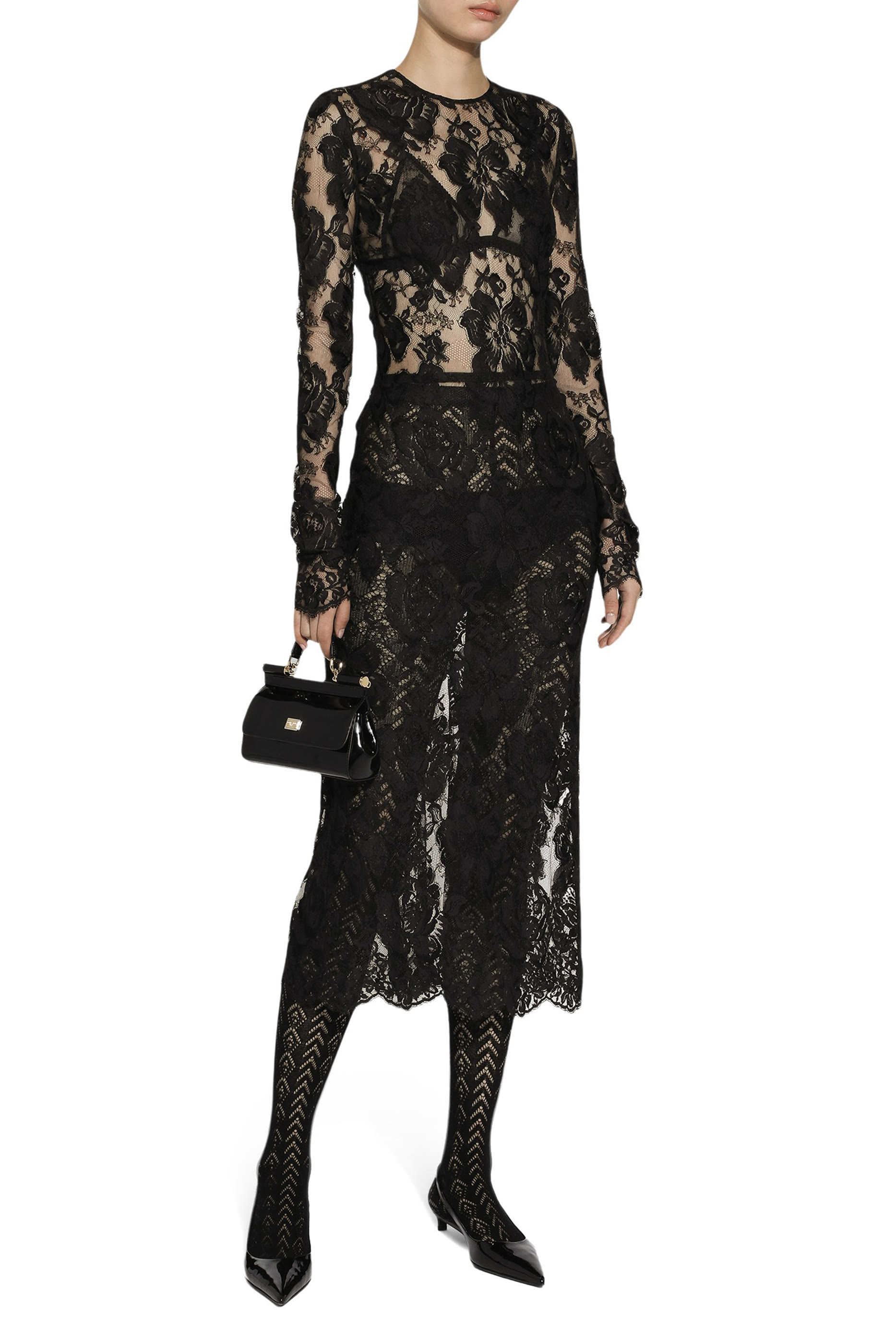 فستان متوسط الطول دانتيل بنقشة زهور