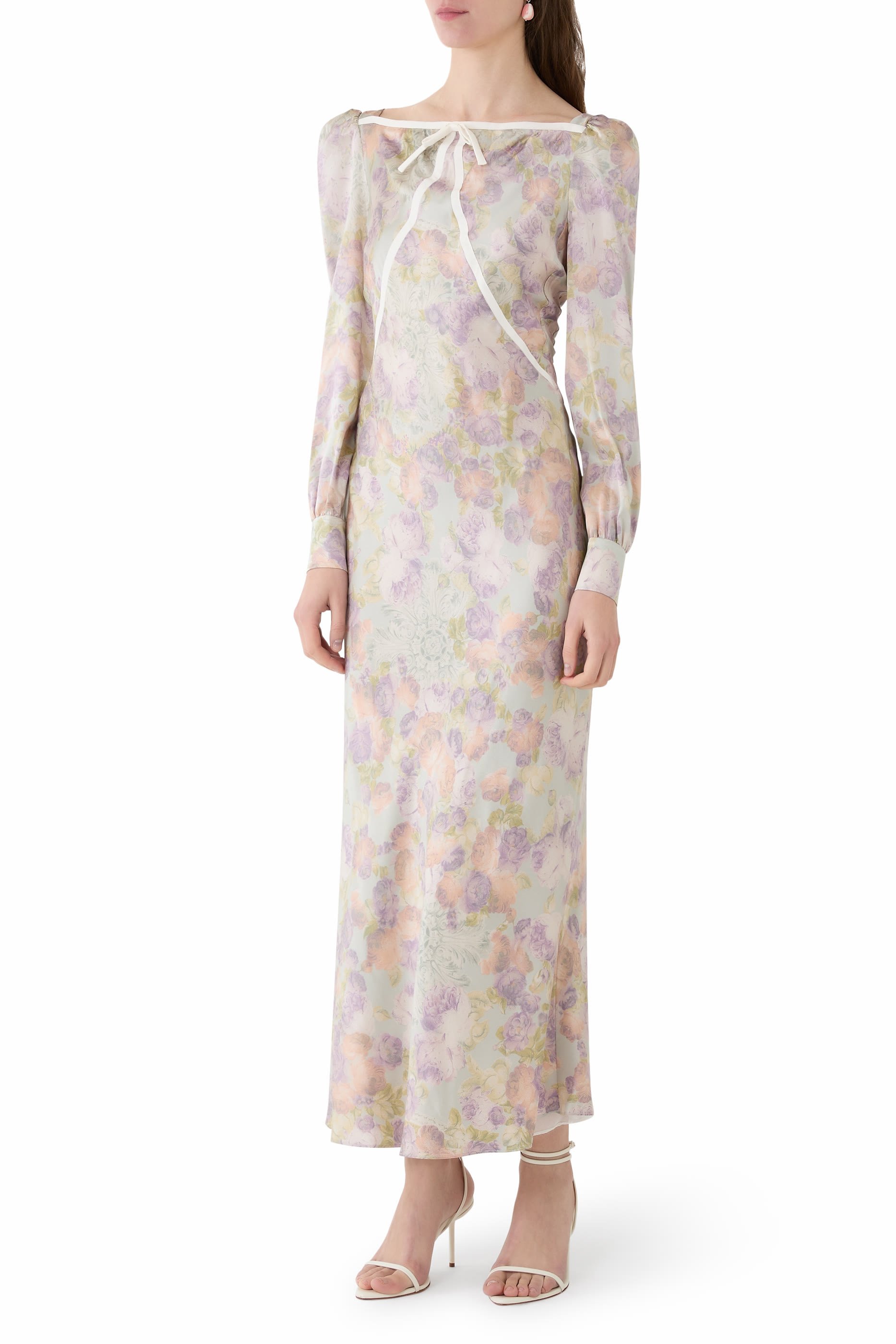 فستان متوسط الطول بنقشة حرير ستان