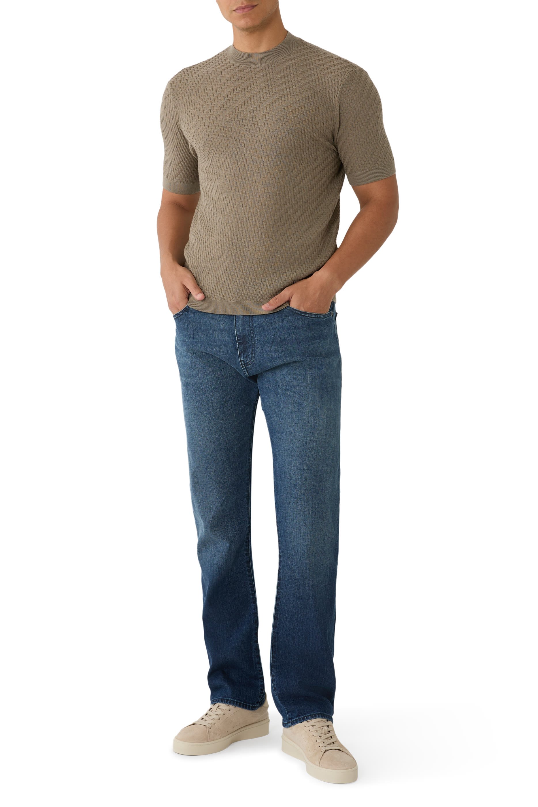 تيشيرت منسوج بأكمام قصيرة ونقشة هرينج بون