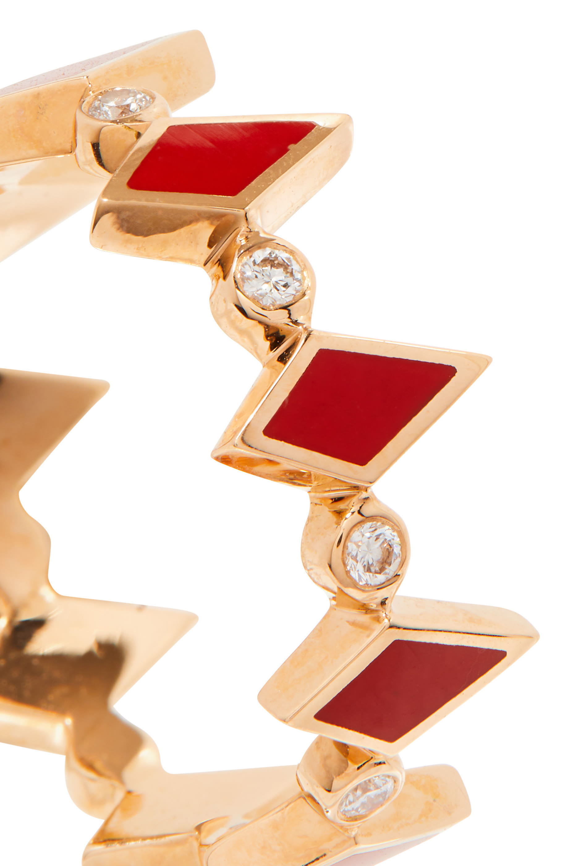 خاتم موزاييك مرصع بالماس بمينا حمراء ذهب وردي عيار 18