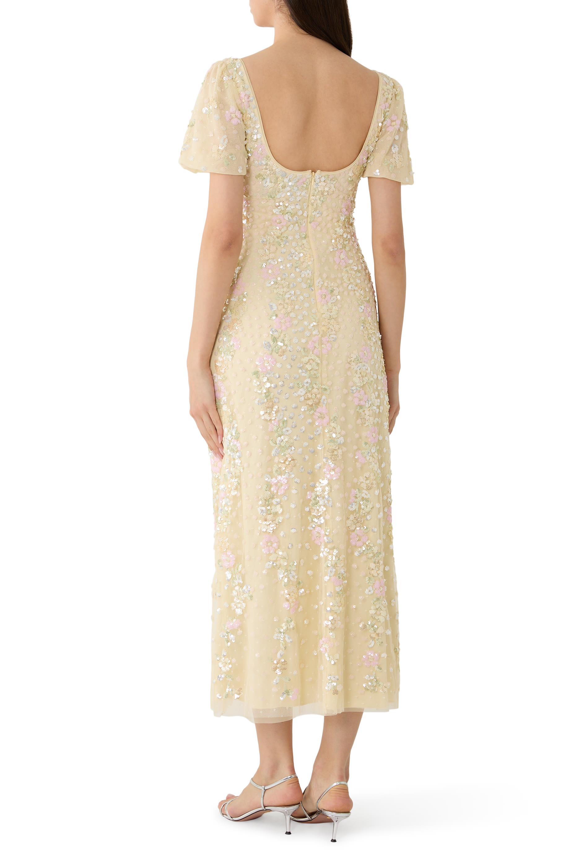 فستان سهرة كونفتي بأكمام منفوخة بطول الكاحل