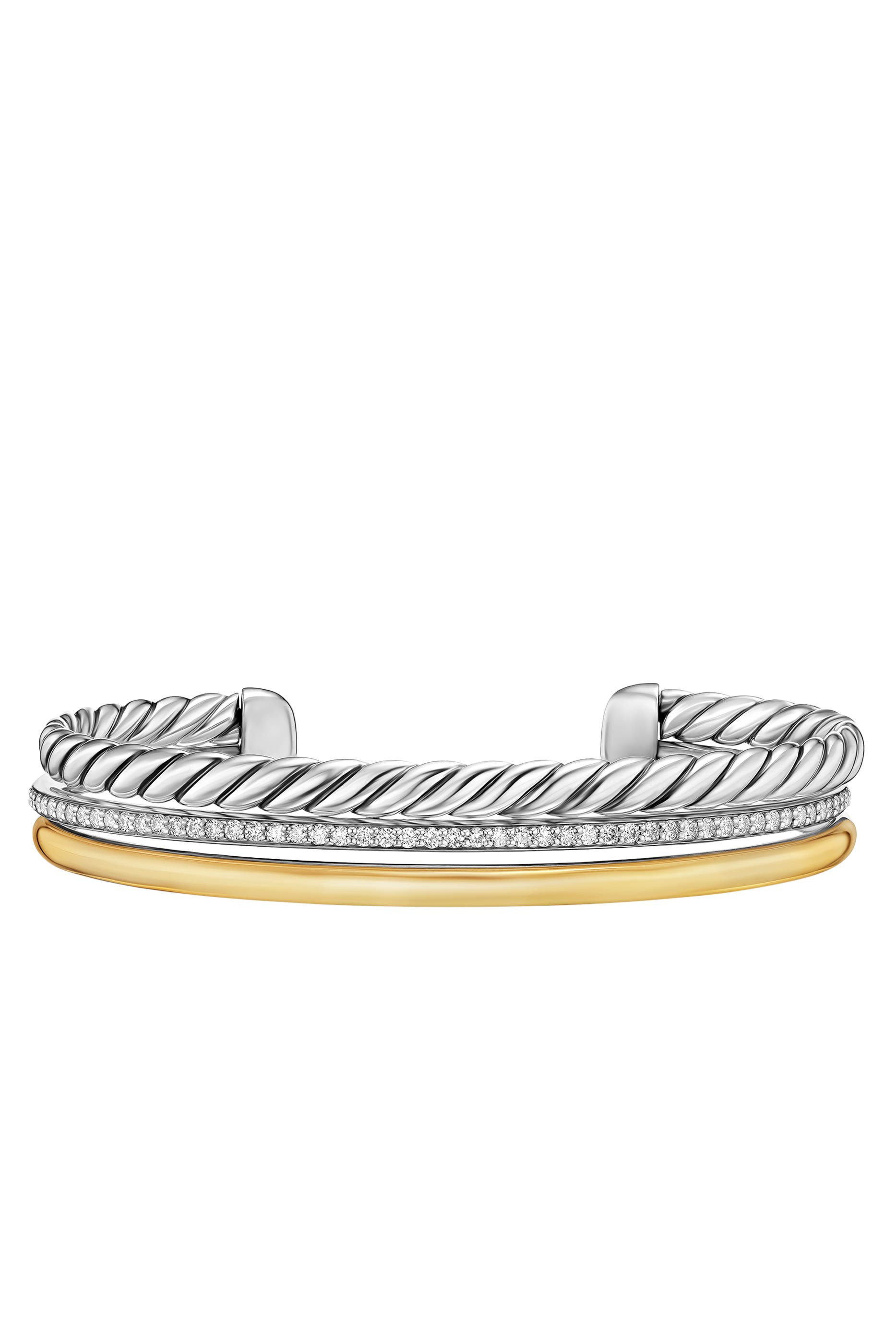 سوار ميرسير مفتوح بثلاث حلقات وشعار الماركة مرصع بماس، ذهب أصفر عيار 18 وفضة اسرتلينية