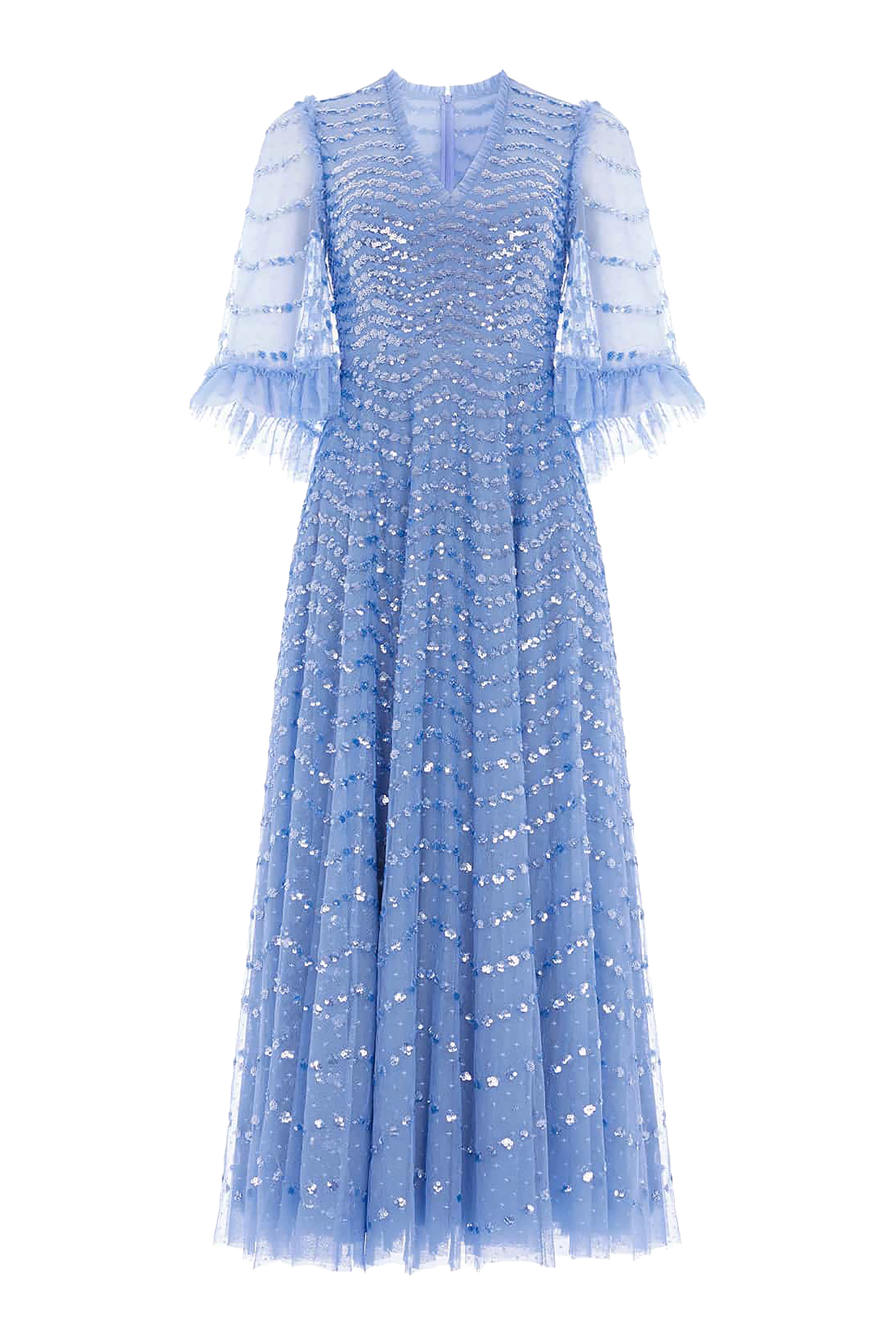 فستان سهرة بطول الكاحل وياقة V وتطريزات مموجة بالترتر