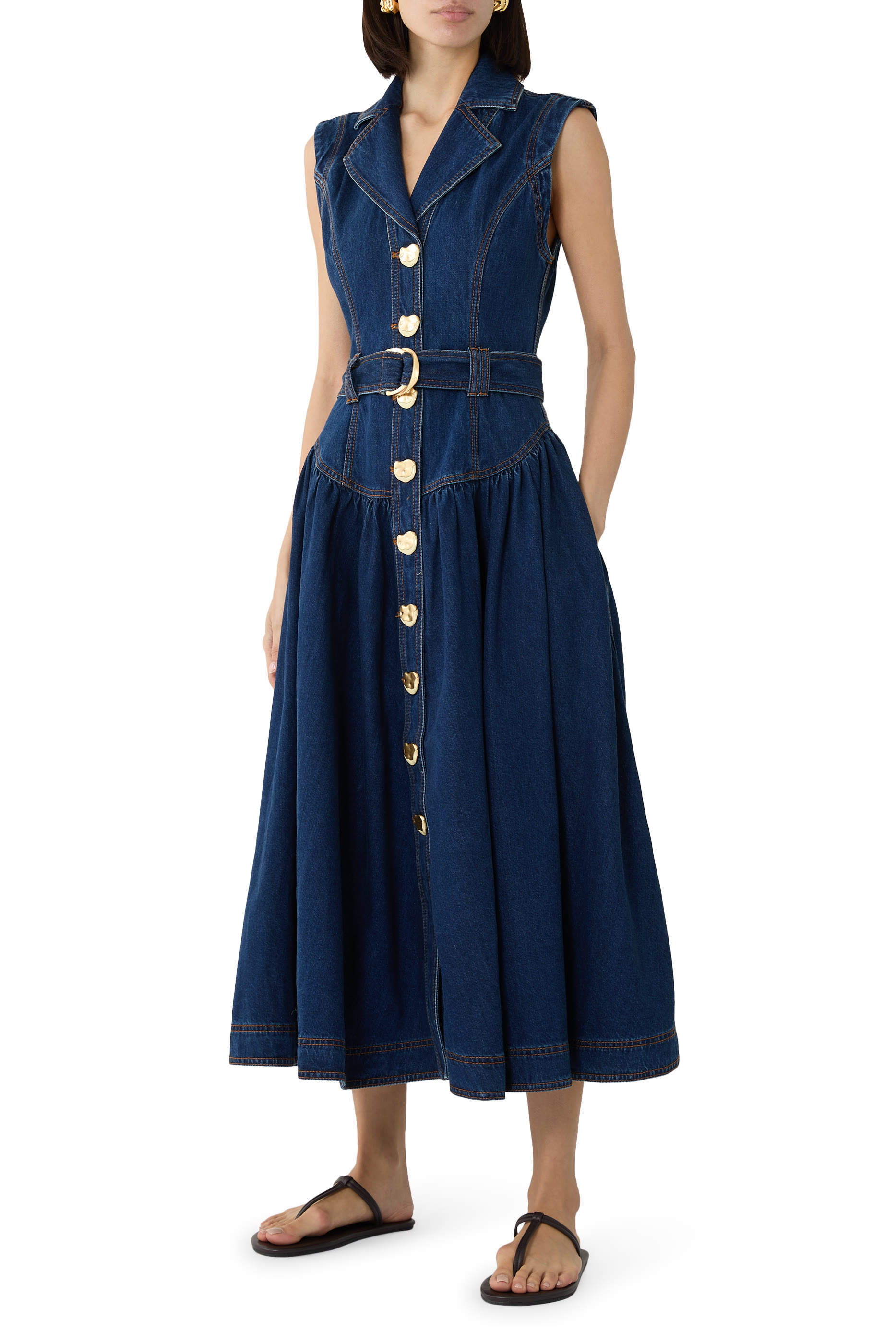 Elena Belted Denim Midi Dress