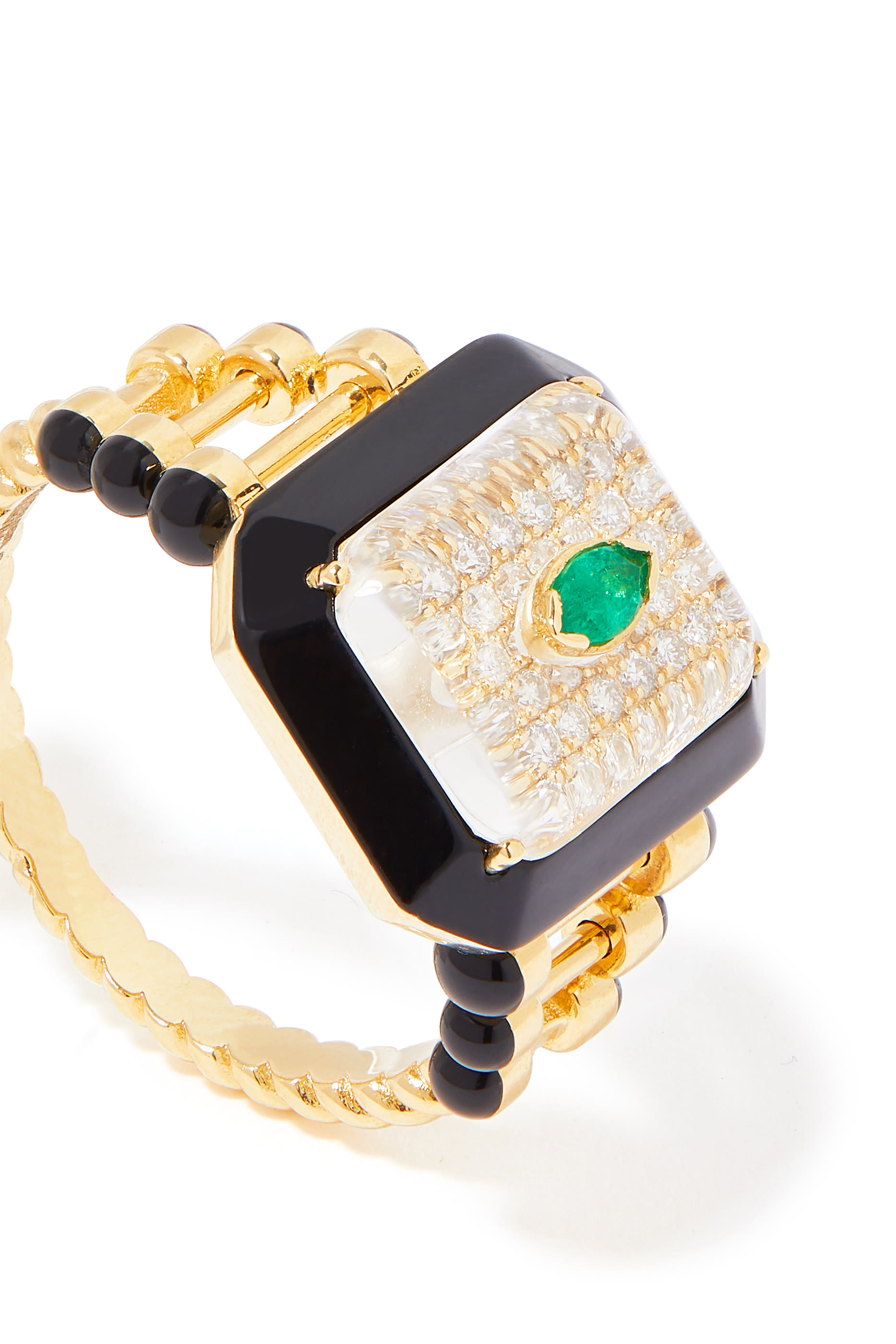 The Qabila Moment Ring, 18k Yellow Gold with Diamond & Emerald