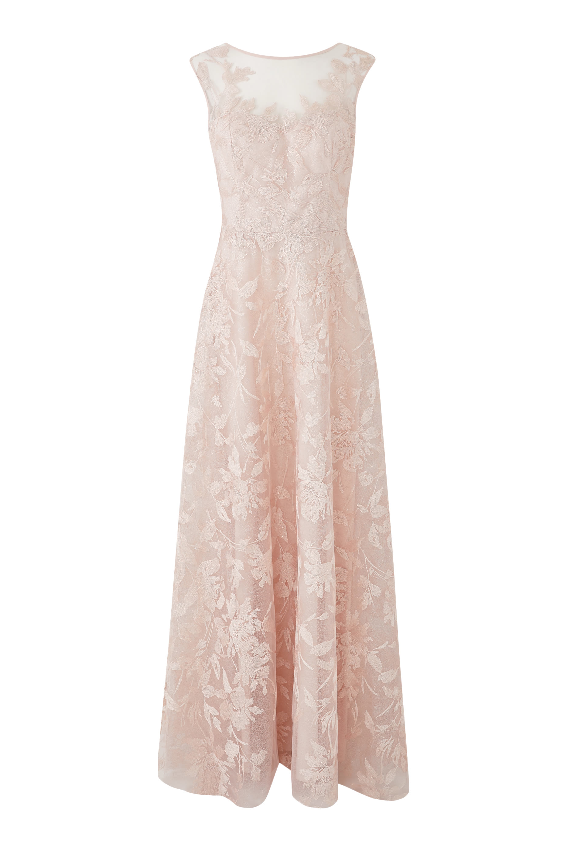 فستان سهرة بأكمام بنقشة أوراق الشجر تول لامع