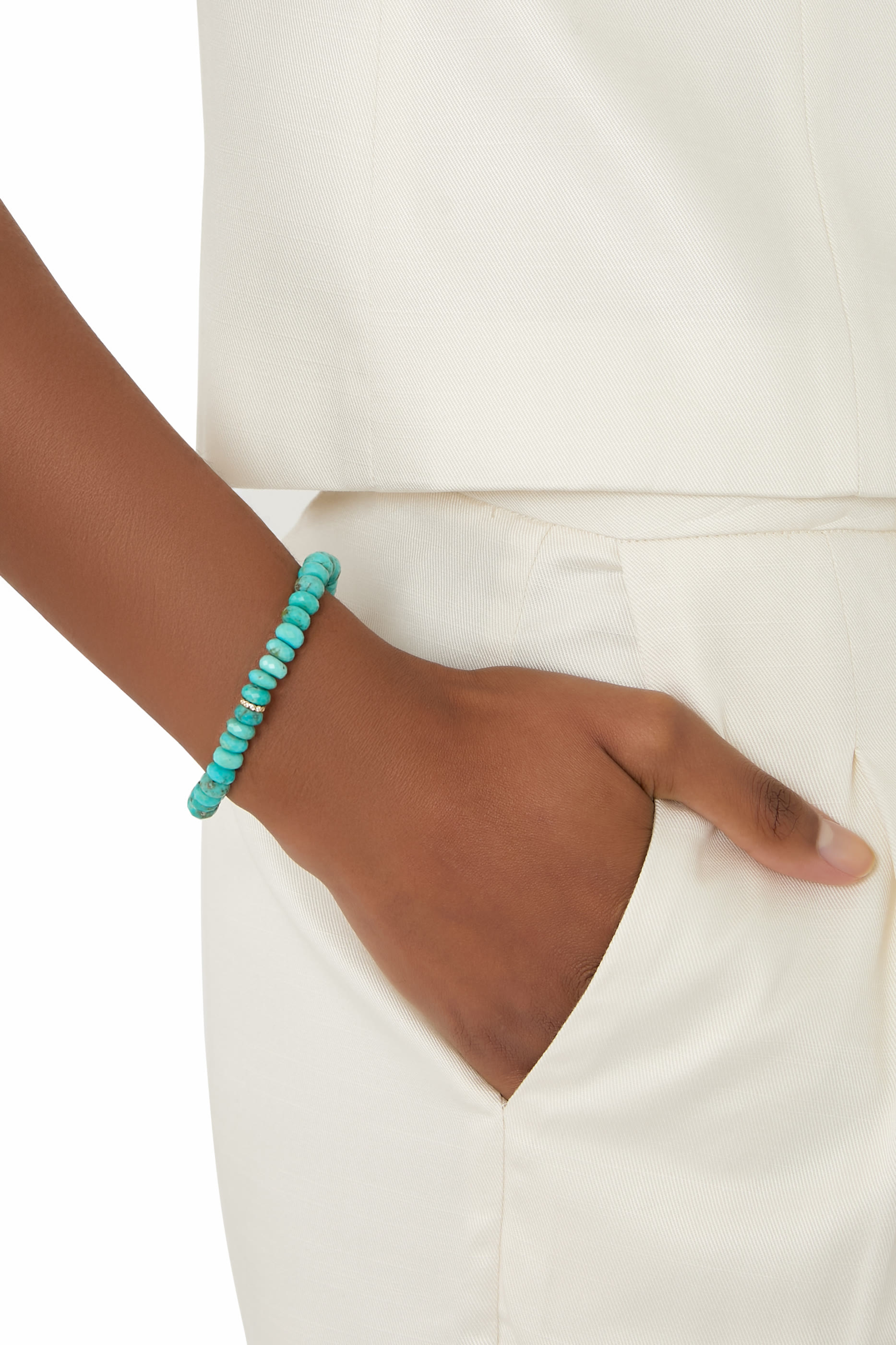 سوار خرز دائري مرصع بالألماس وحبات الفيروز ذهب أصفر عيار 14