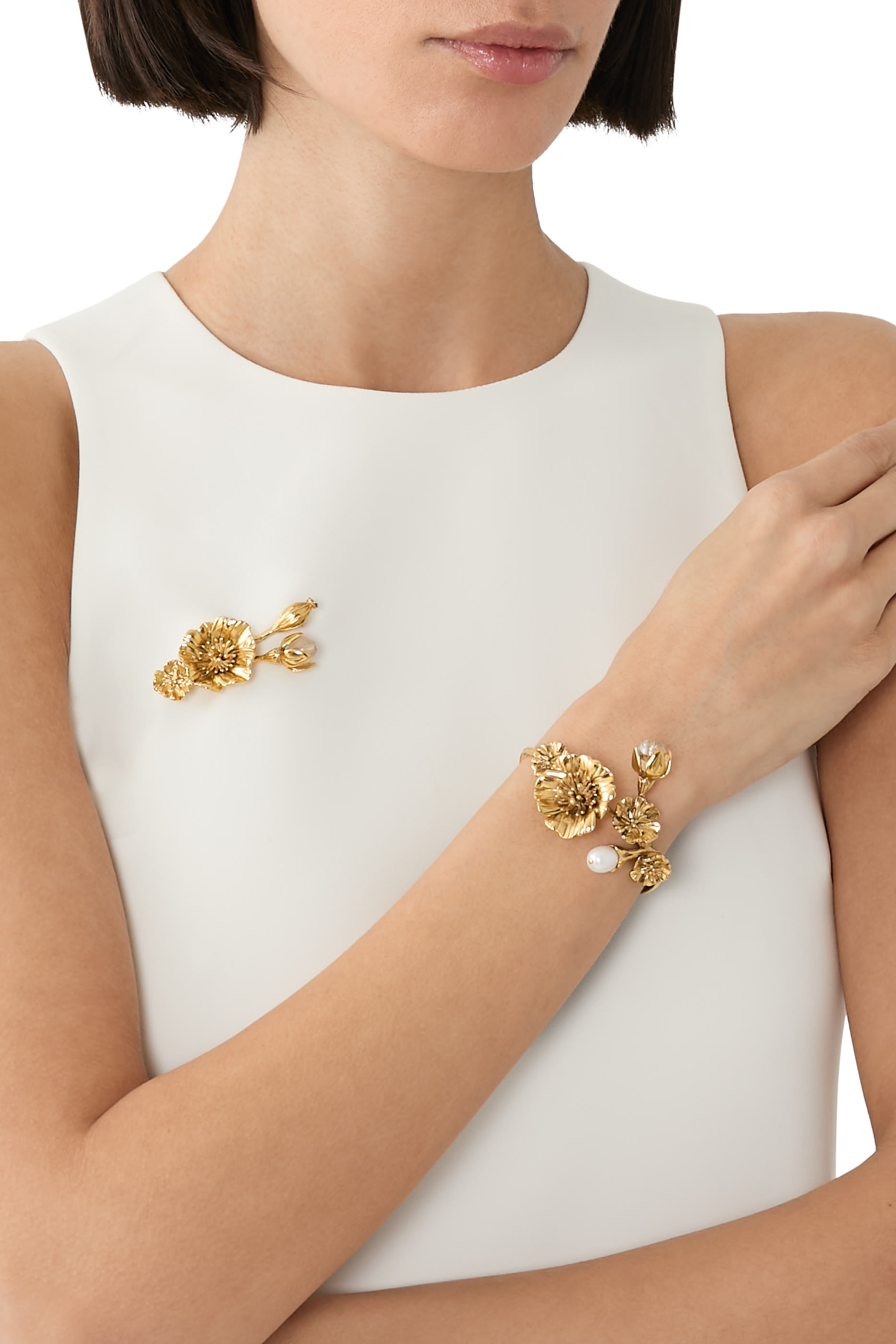 بروش بوكيه فلور دو بافوت مرصع بأحجار كريستالية طبيعية، نحاس مطلي بذهب عيار 24