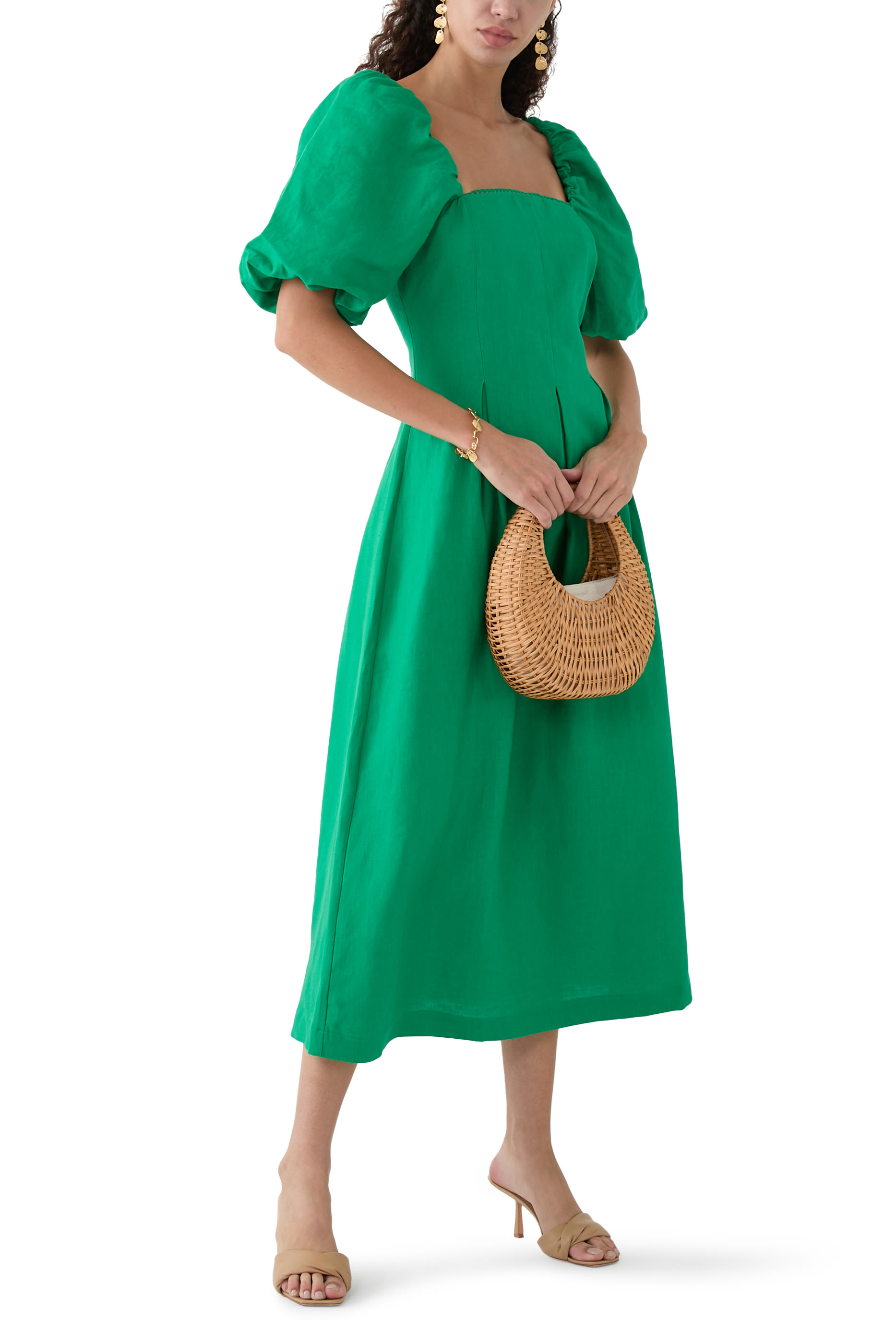 فستان ديمي متوسط الطول بأكمام منفوخة كتان