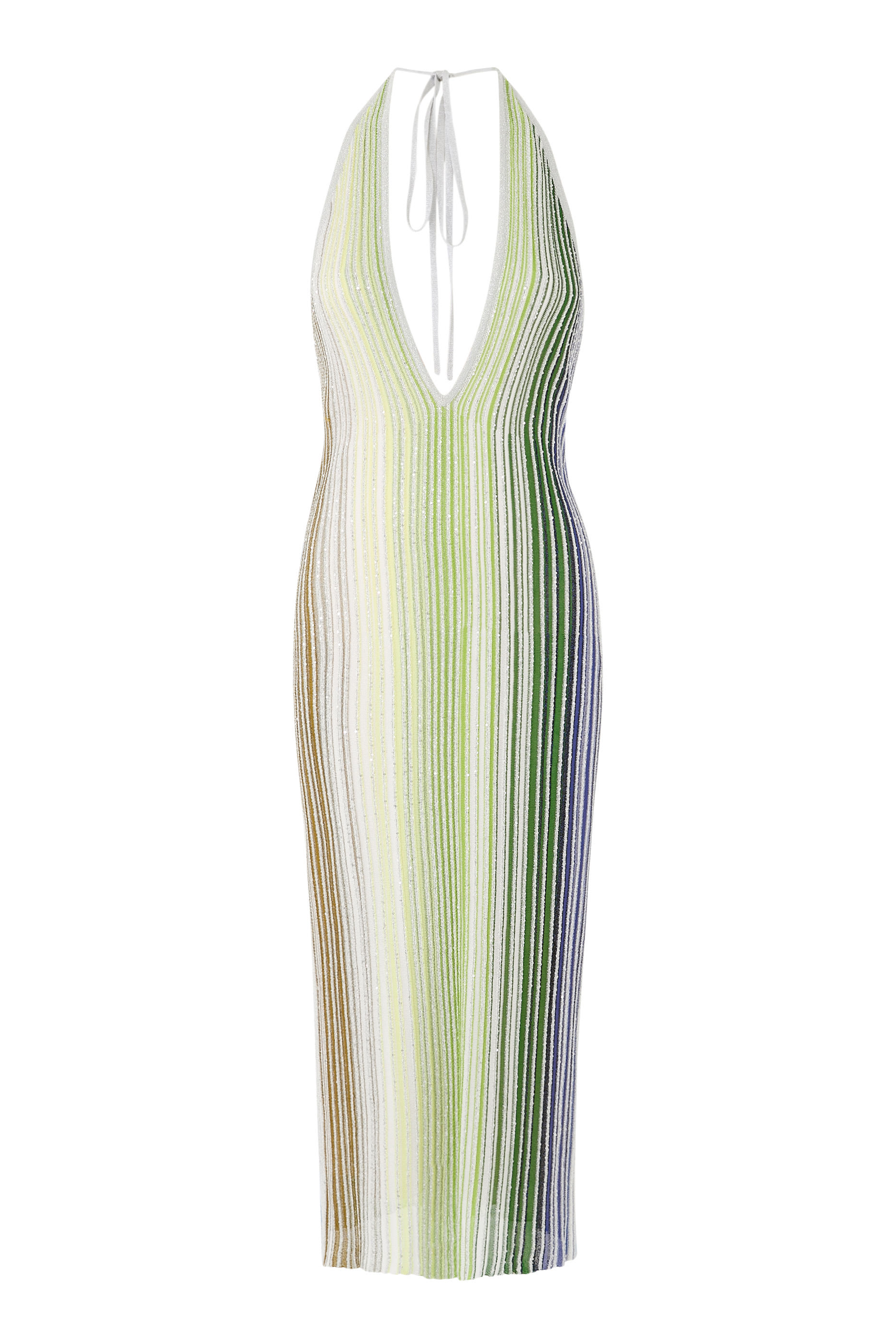 فستان مخطط بياقة V متوسط الطول ومطرز جزئيا بترتر