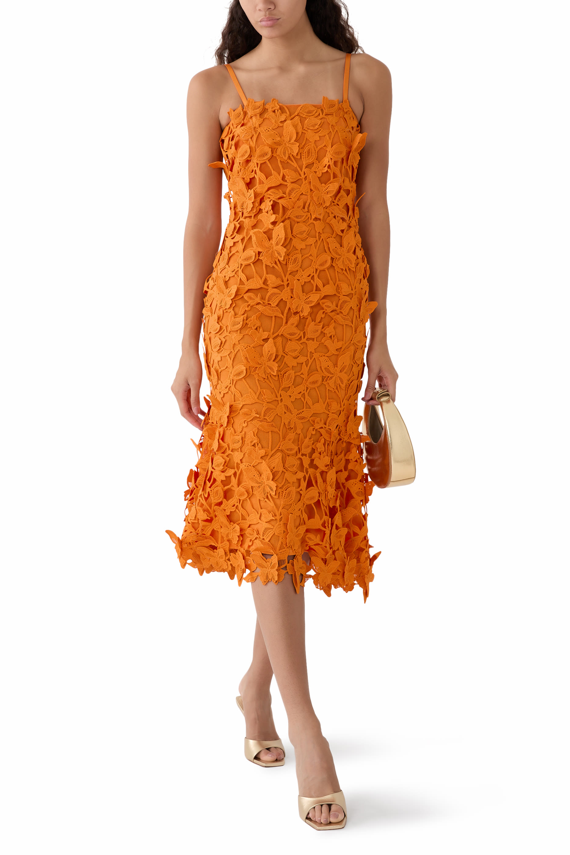 فستان فلوريلا متوسط الطول بزهور بارزة الملمس