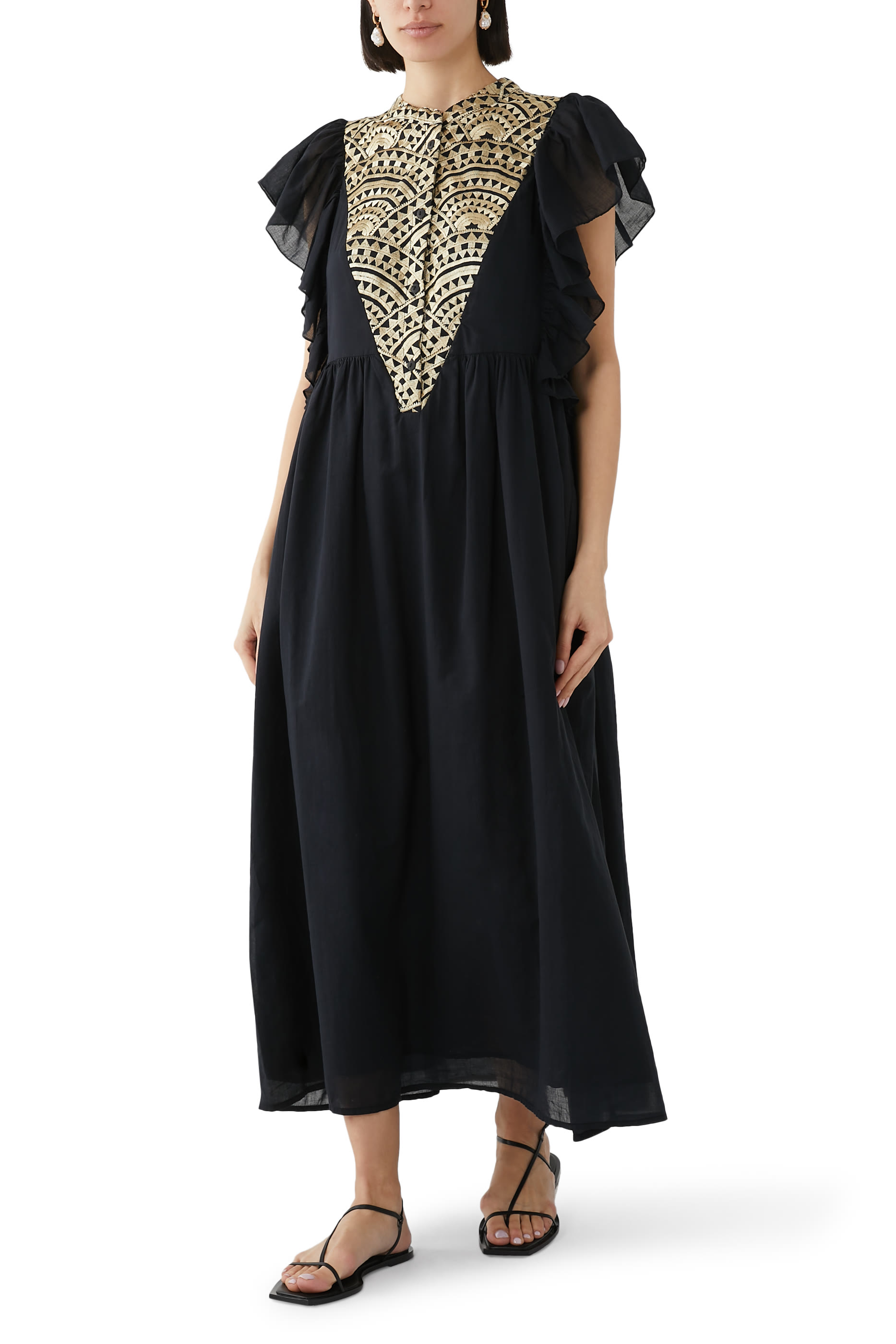 فستان متوسط الطول بياقة v وتطريزات