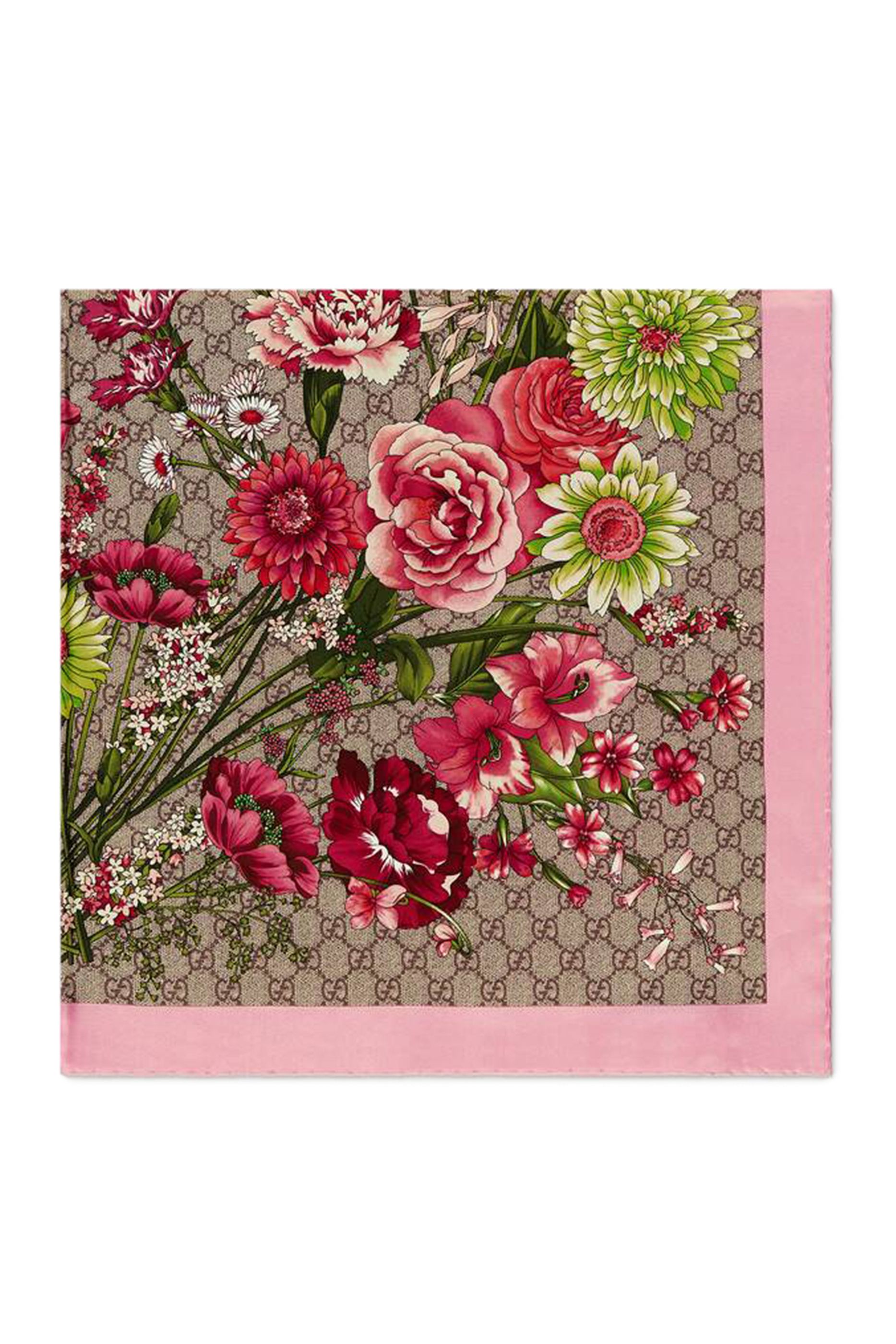 وشاح حرير بنقشة باقة زهور وشعار GG