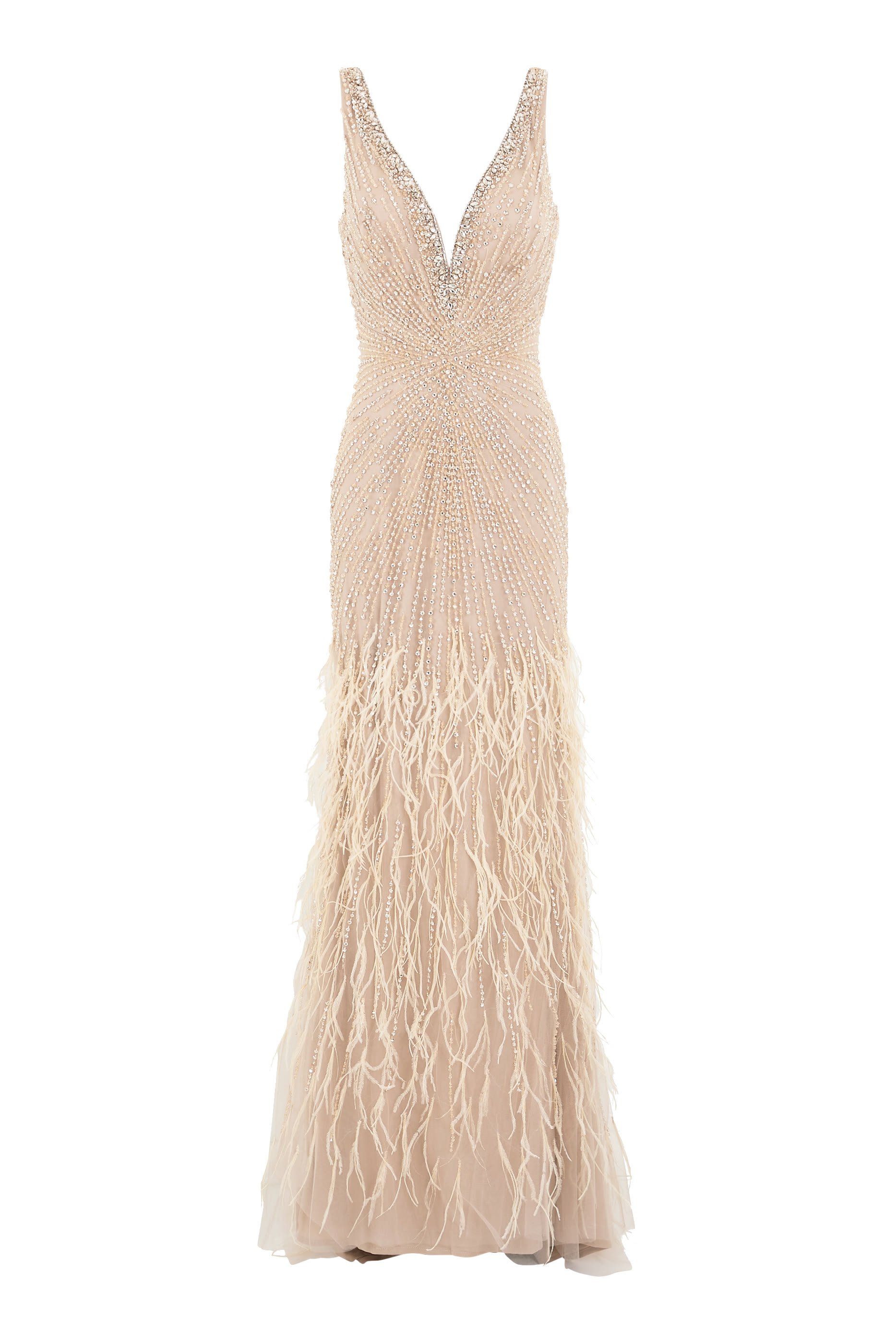 Sleeveless Feather Beaded Gown