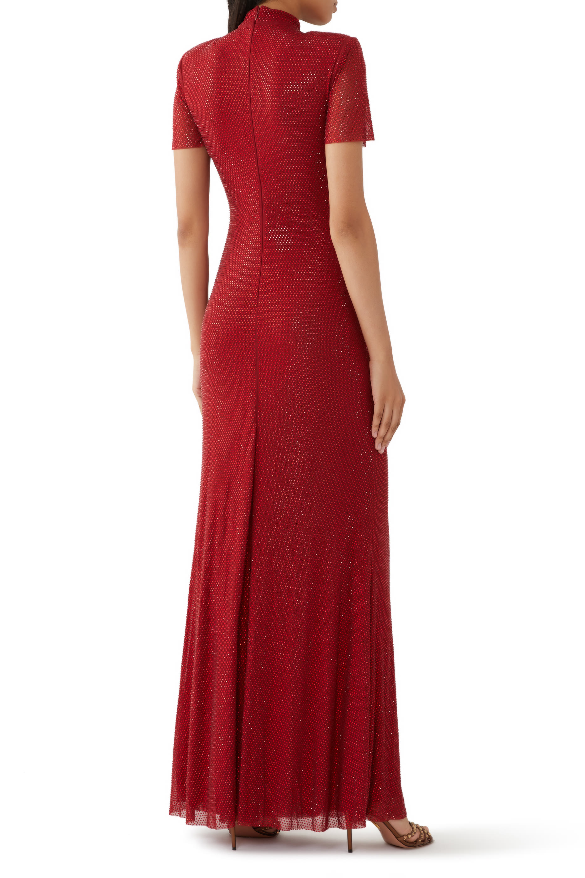 فستان طويل قماش شبكي مرصع بأحجار الراين