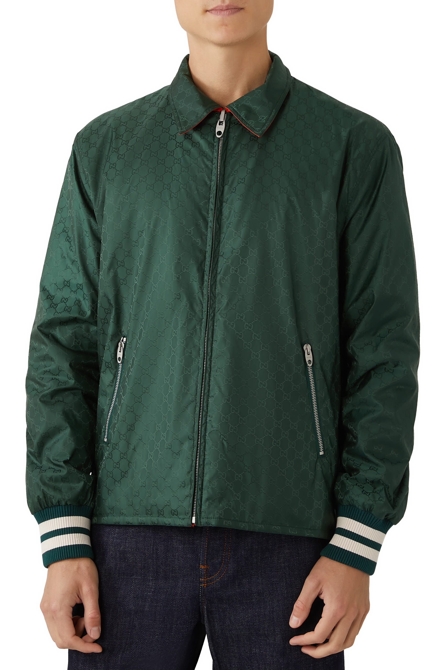 جاكيت نايلون جاكار بتصميم وجهين ونقشة GG