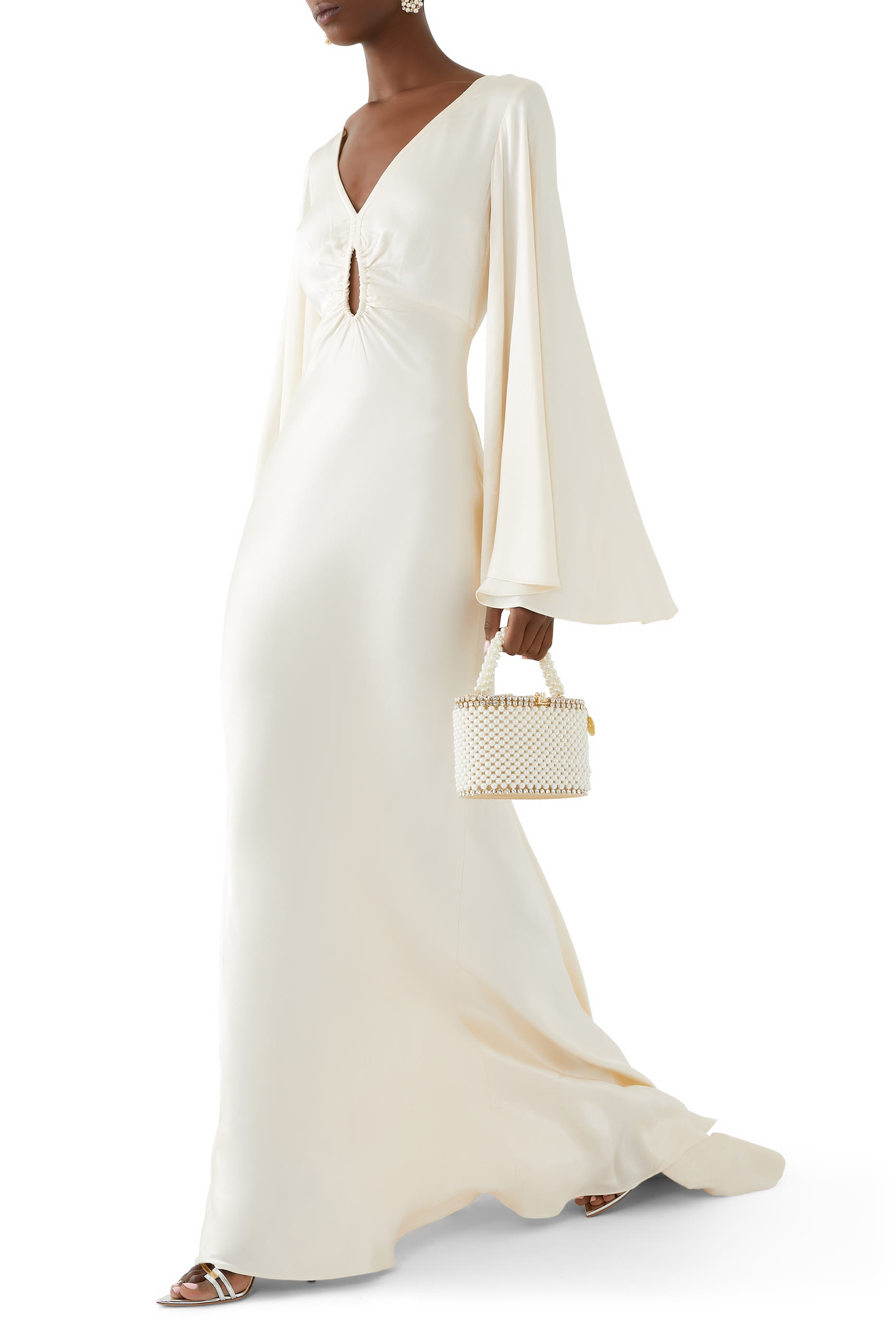 فستان لا لون طويل بأكمام واسعة وفتحة