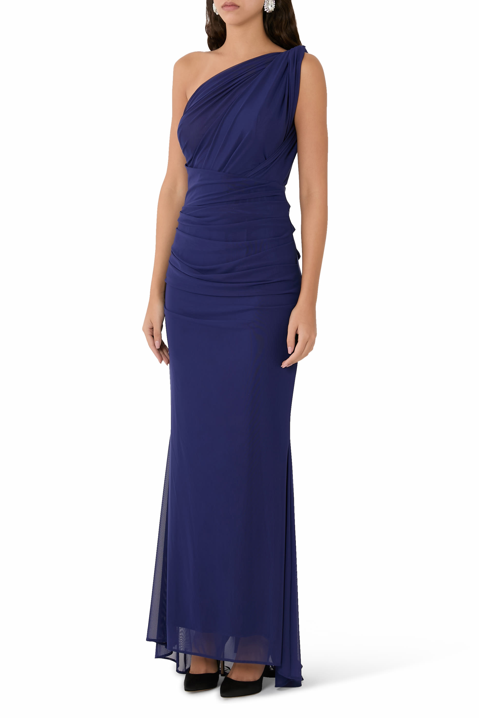 فستان طويل بكتف واحد وكشكش قماش شبكي مطاطي