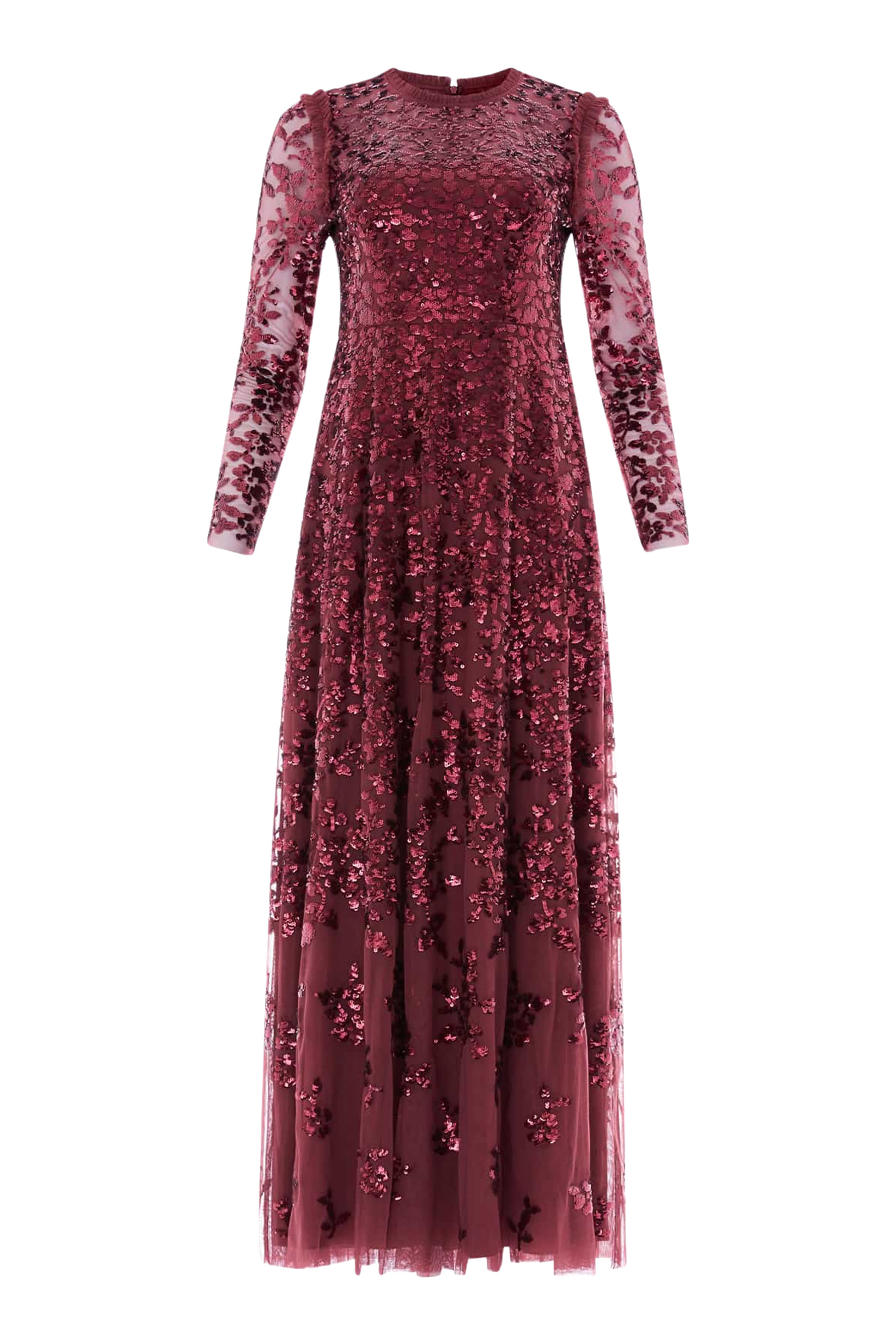 فستان سهرة روزانا بتطريزات شبكية وياقة مستديرة 