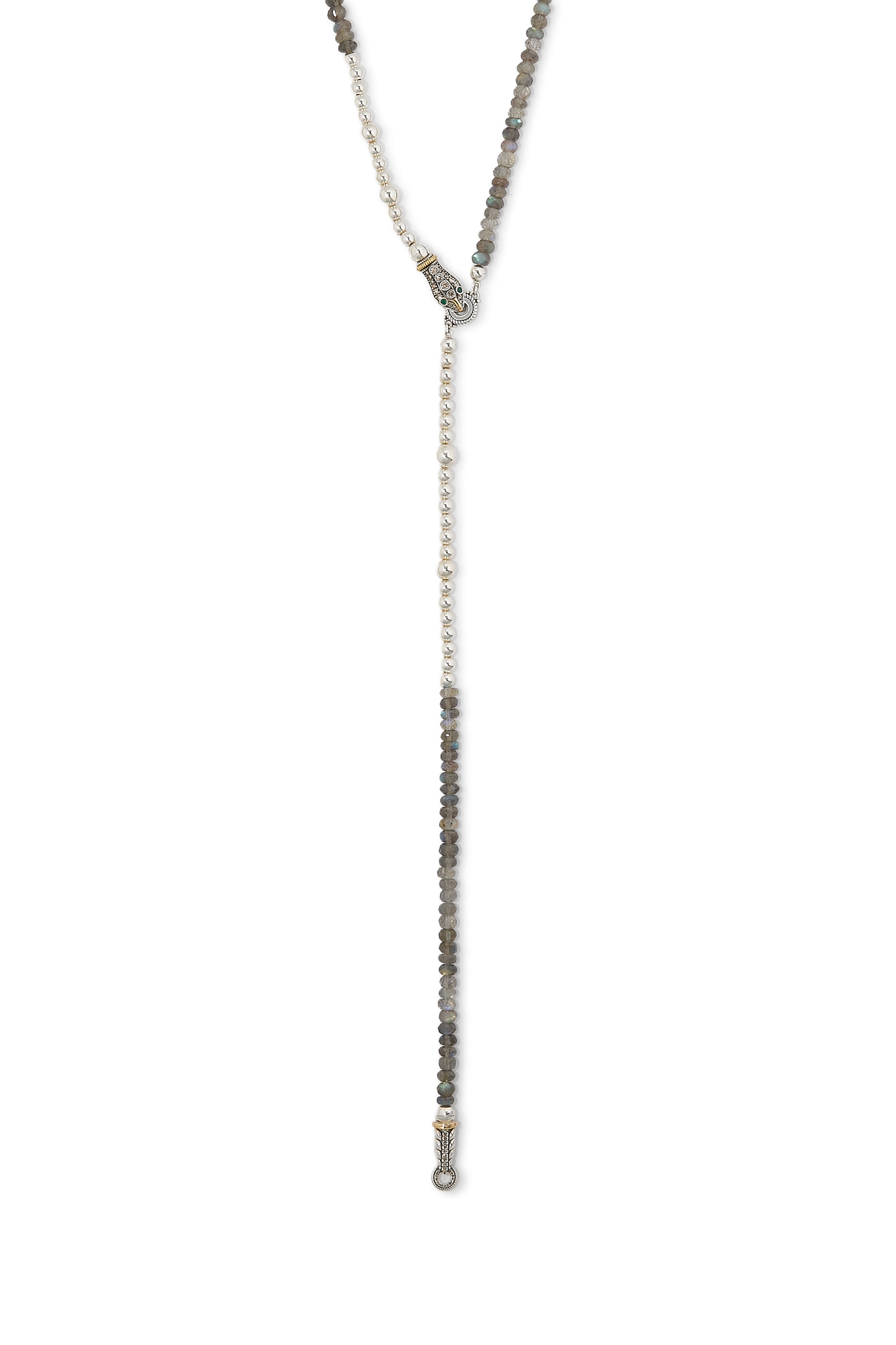 قلادة بتصميم ثعبان مزينة بخرز مرصعة بعقيق أخضر، لابرادوريت وماس، فضة إسترلينية وذهب أصفر عيار 18