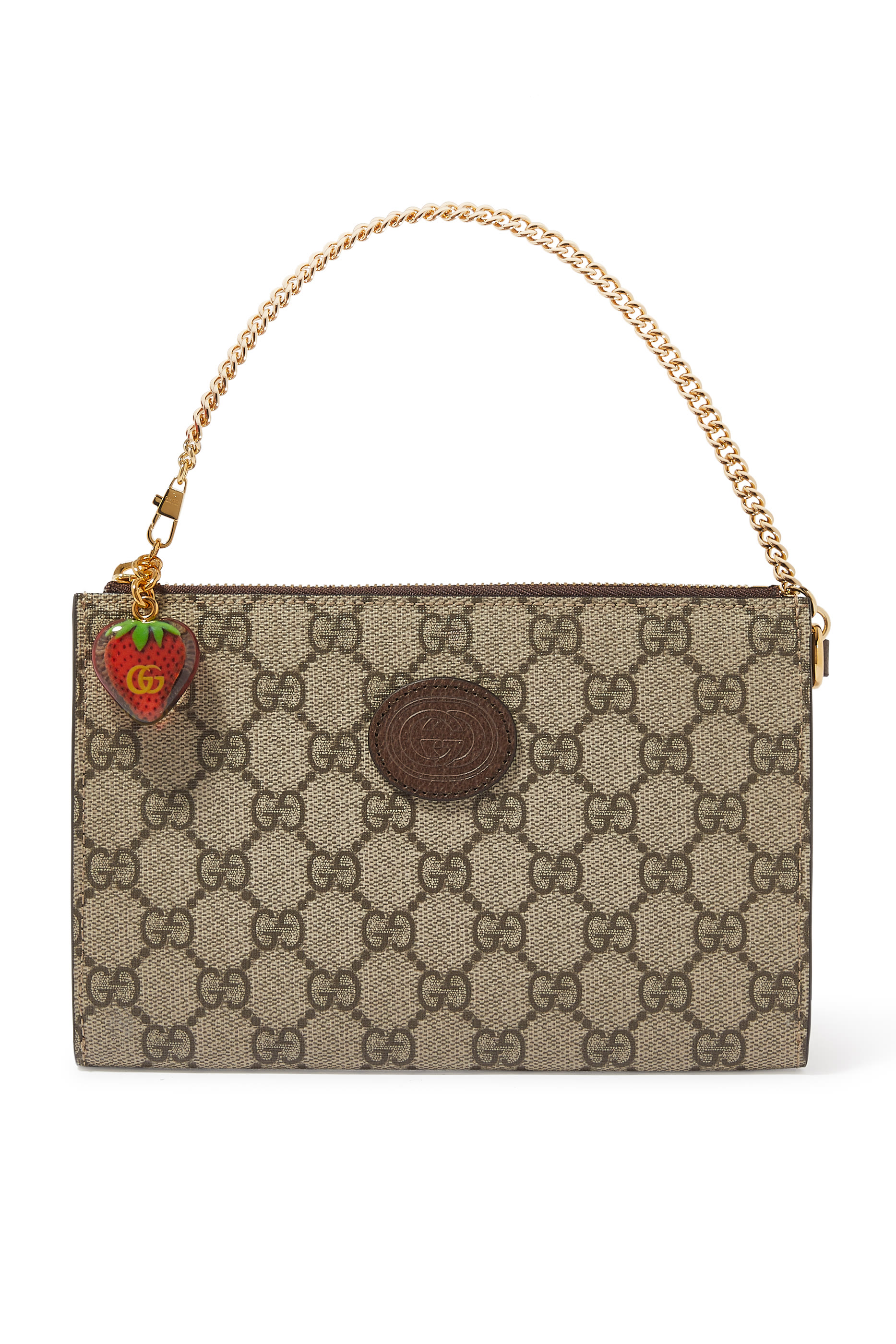 محفظة بنقشة شعار GG وحمالة رسغ وحلية بتصميم فراولة