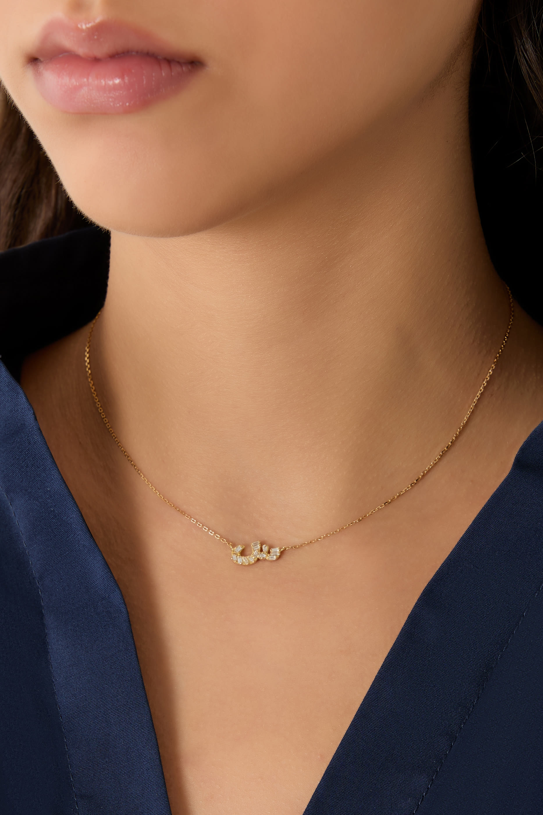 Oula XS Letter "Seen" Necklace,  18K Yellow Gold &  Baguette Diamonds