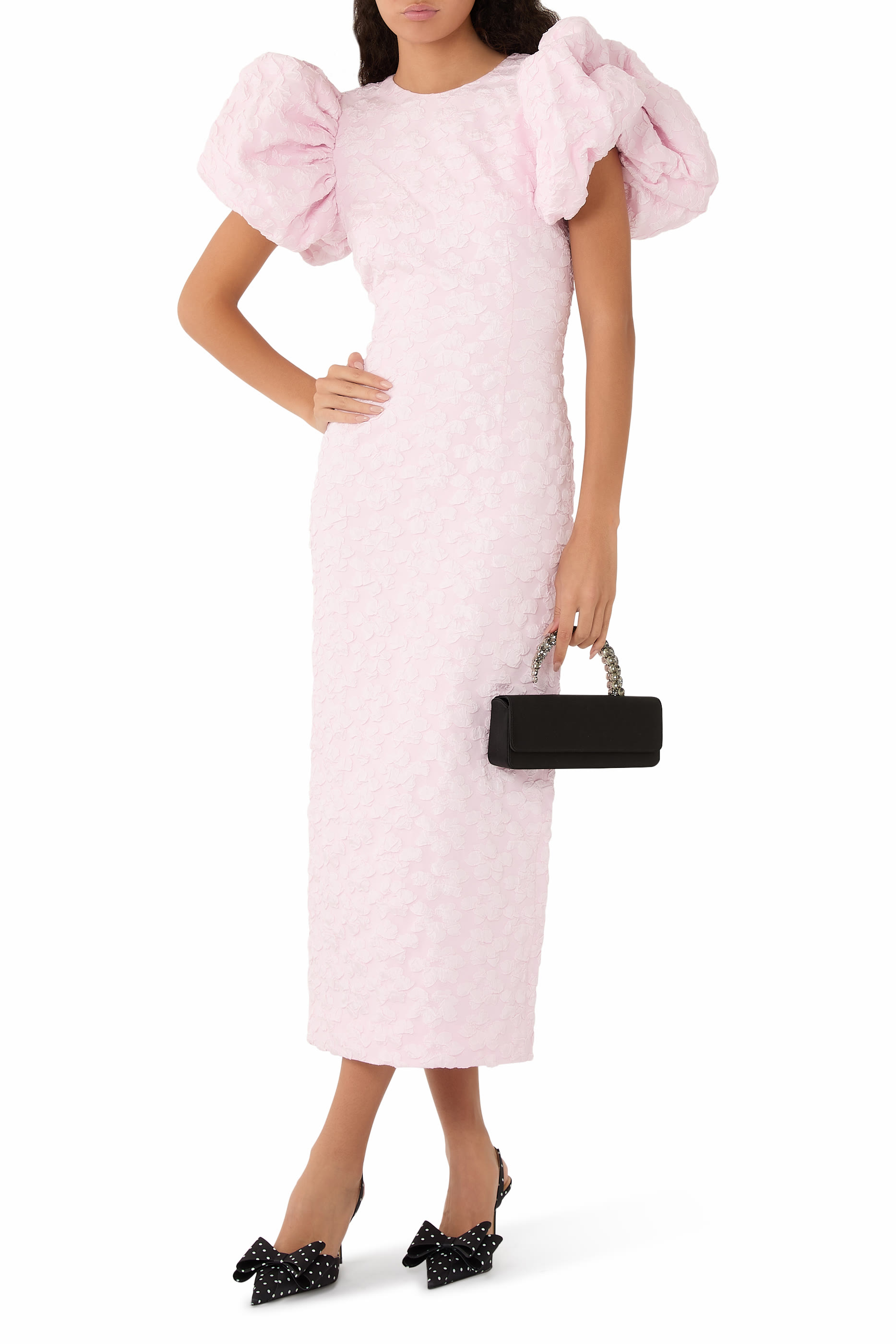 فستان متوسط الطول بأكمام منفوخة جاكار