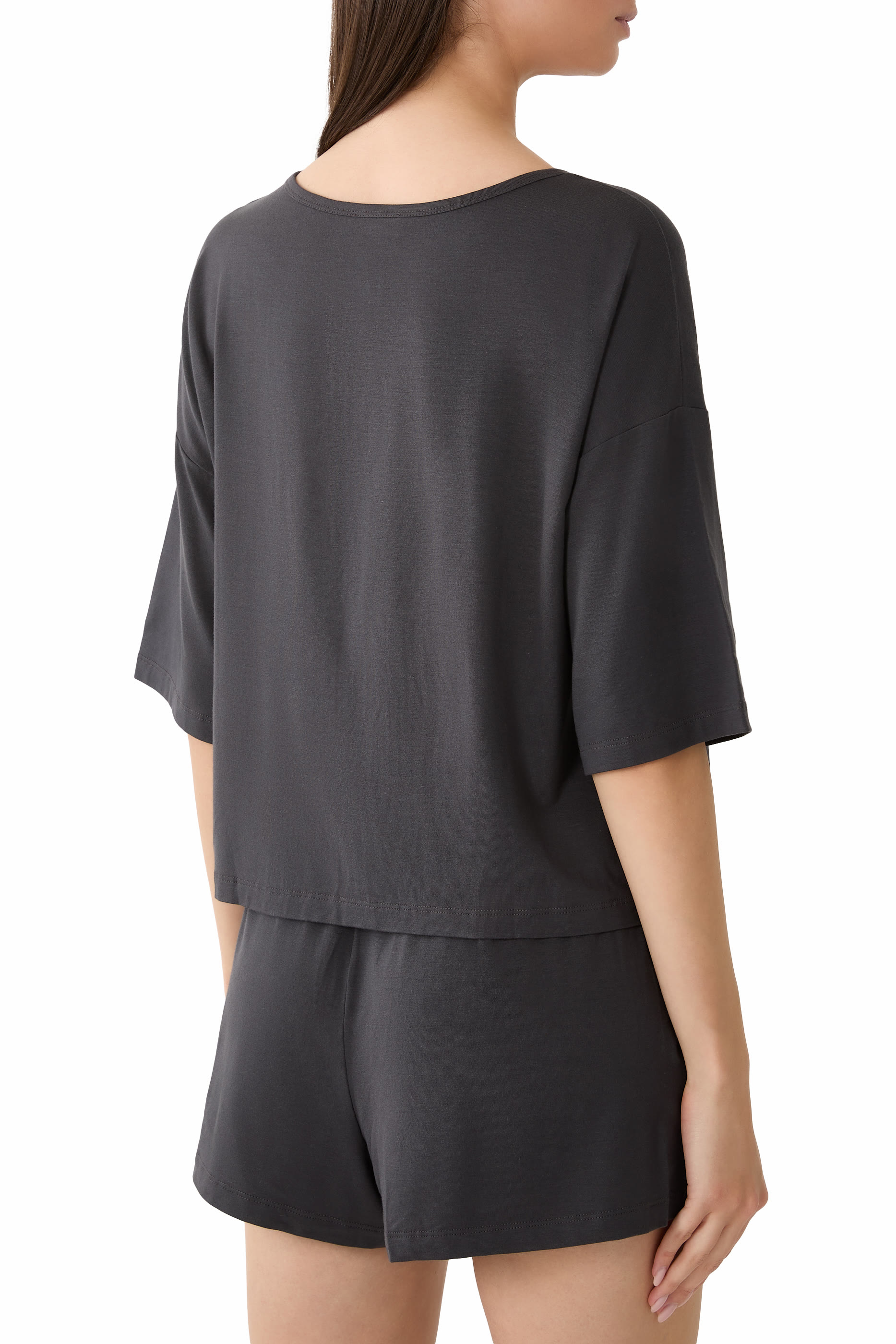 طقم بيجامة بقصة مربعة مريحة بياقة هينلي