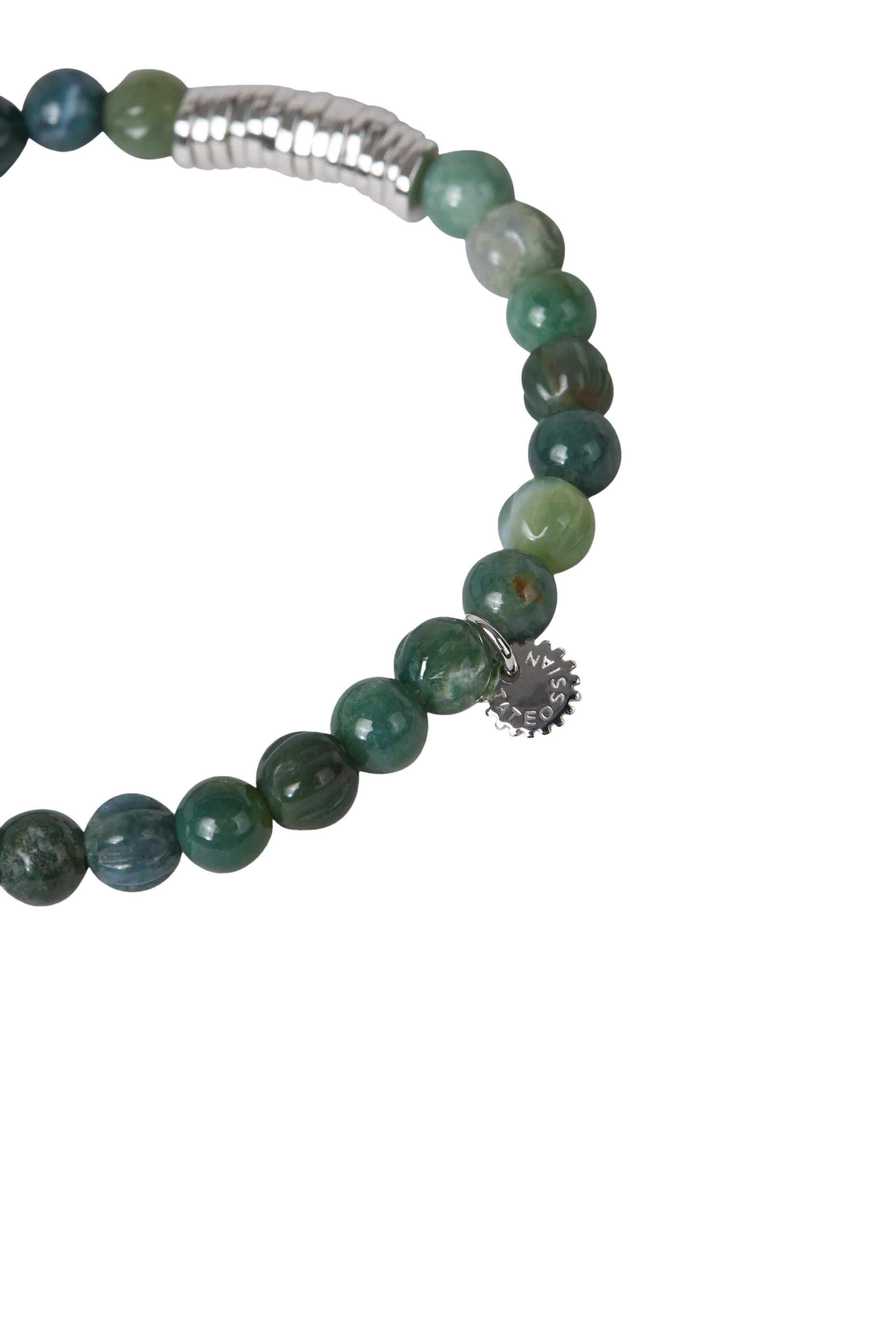 سوار كلاسيك بخرز عقيق الطحلب وحلي دائرية، فضة إسترلينية مطلية بالروديوم