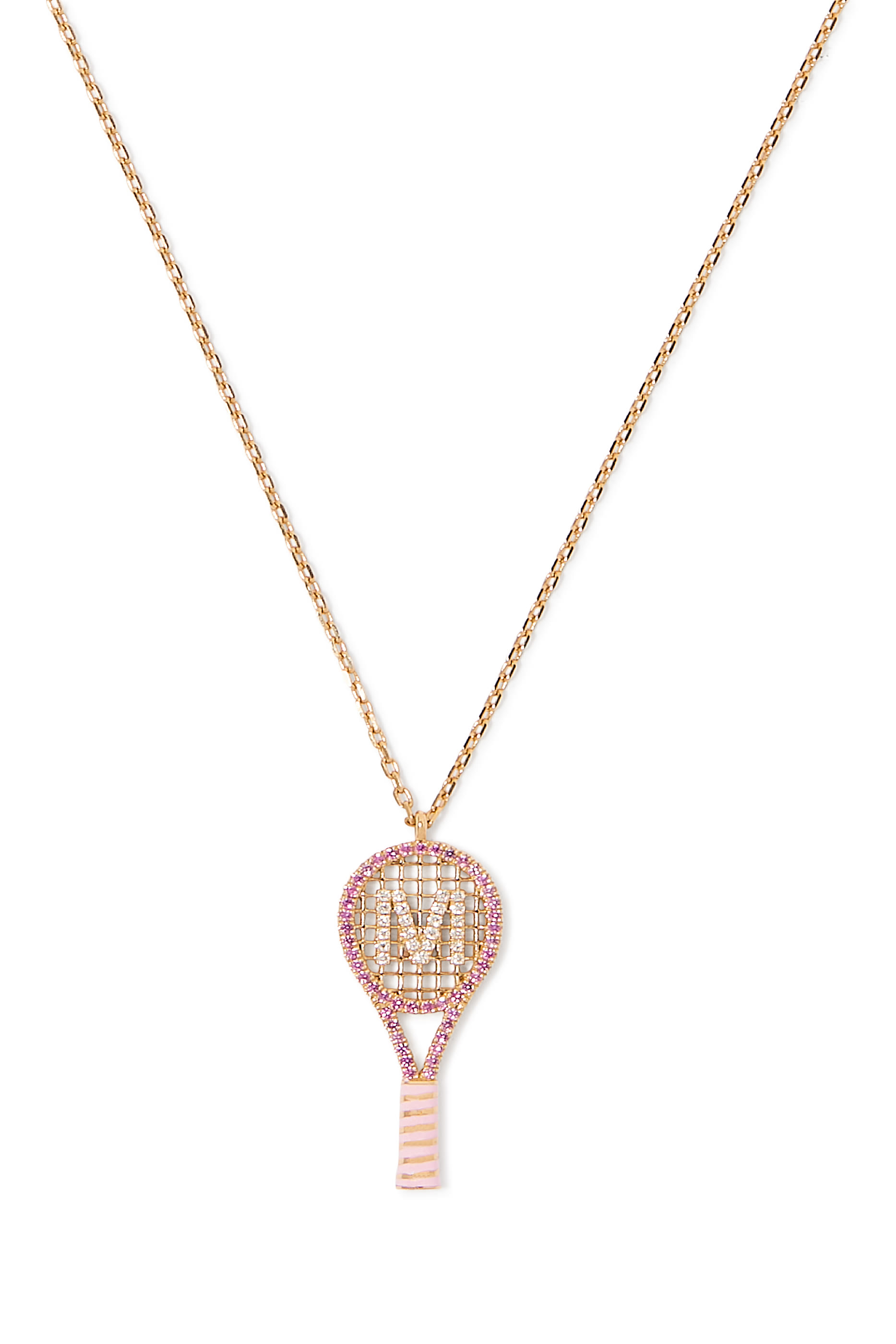 Letter 'M' Tennis Racket Necklace, 18K Yellow Gold with Diamonds & Sapphires