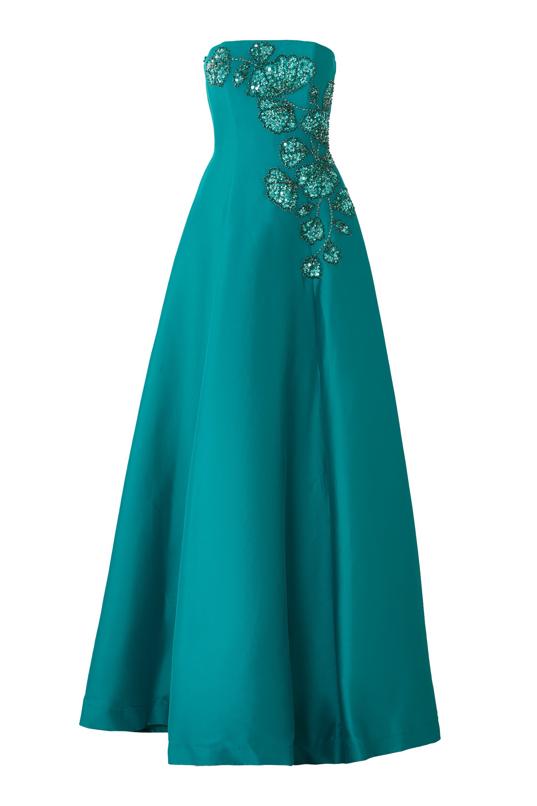 فستان سهرة بلا حمالات بتطريز زهور معقدة وحافة واسعة