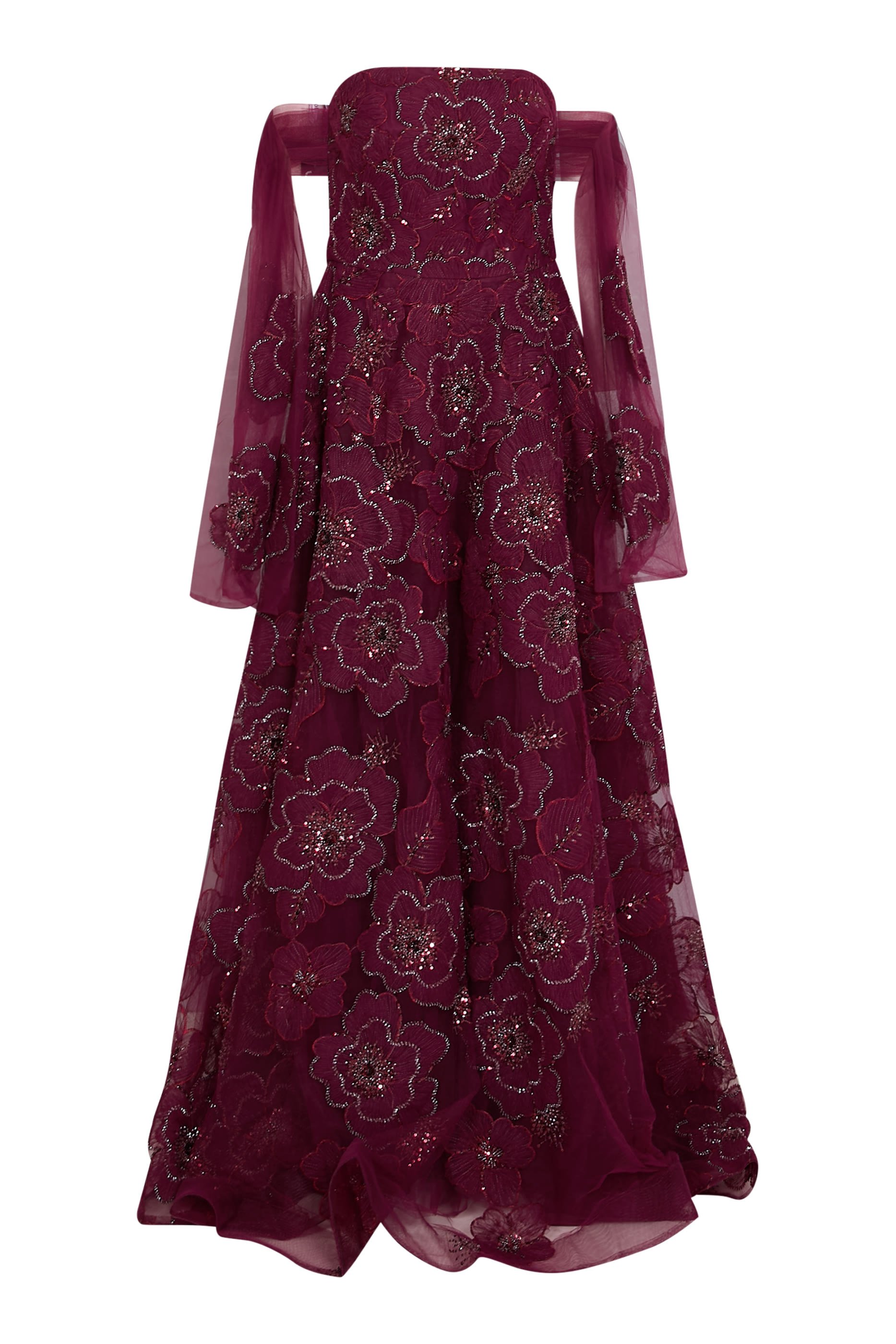 فستان سهرة بلا حمالات مزين بخرز وزهور بارزة الملمس