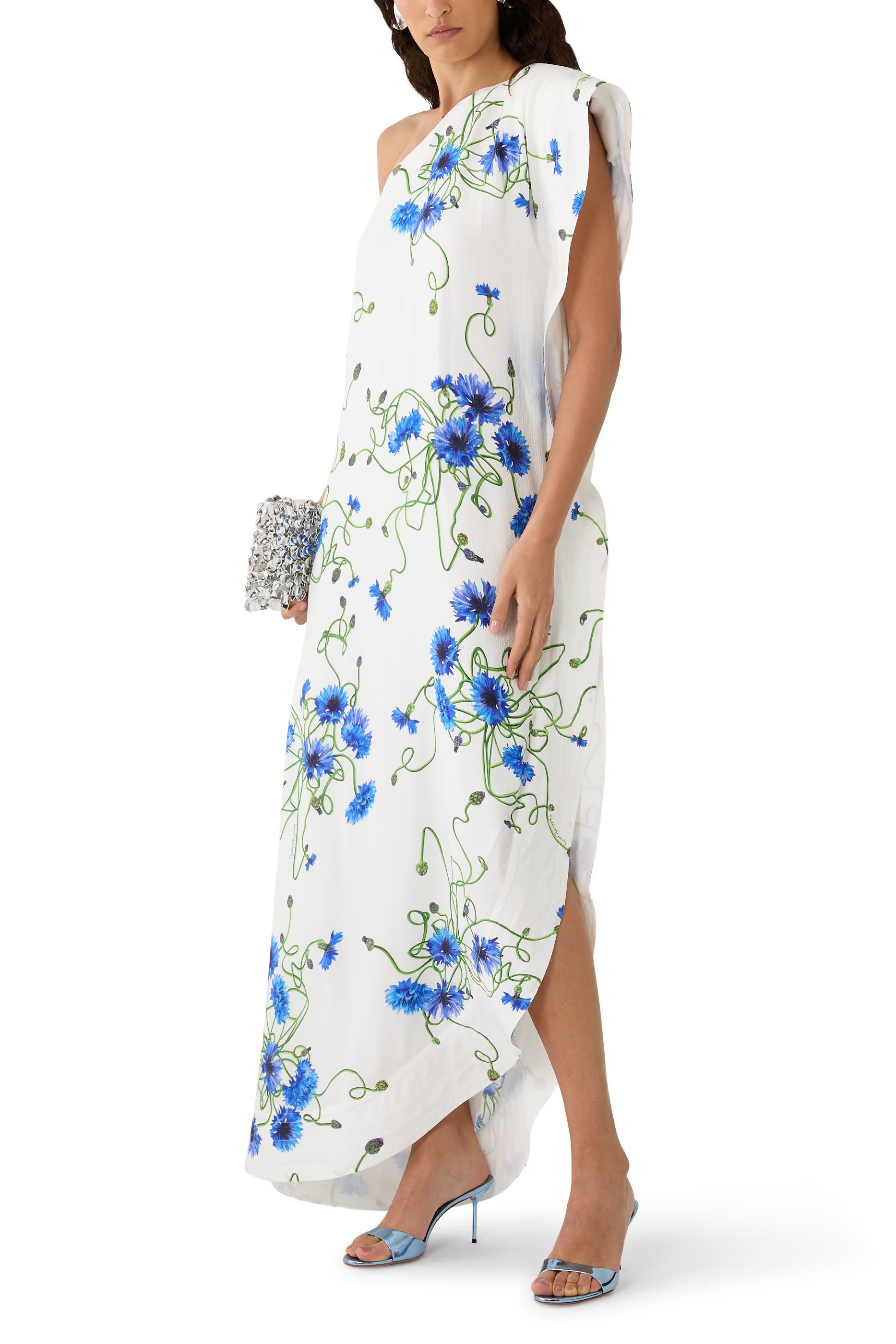 فستان كوكتيل بطبعة أزهار بتصميم غير متماثل حرير