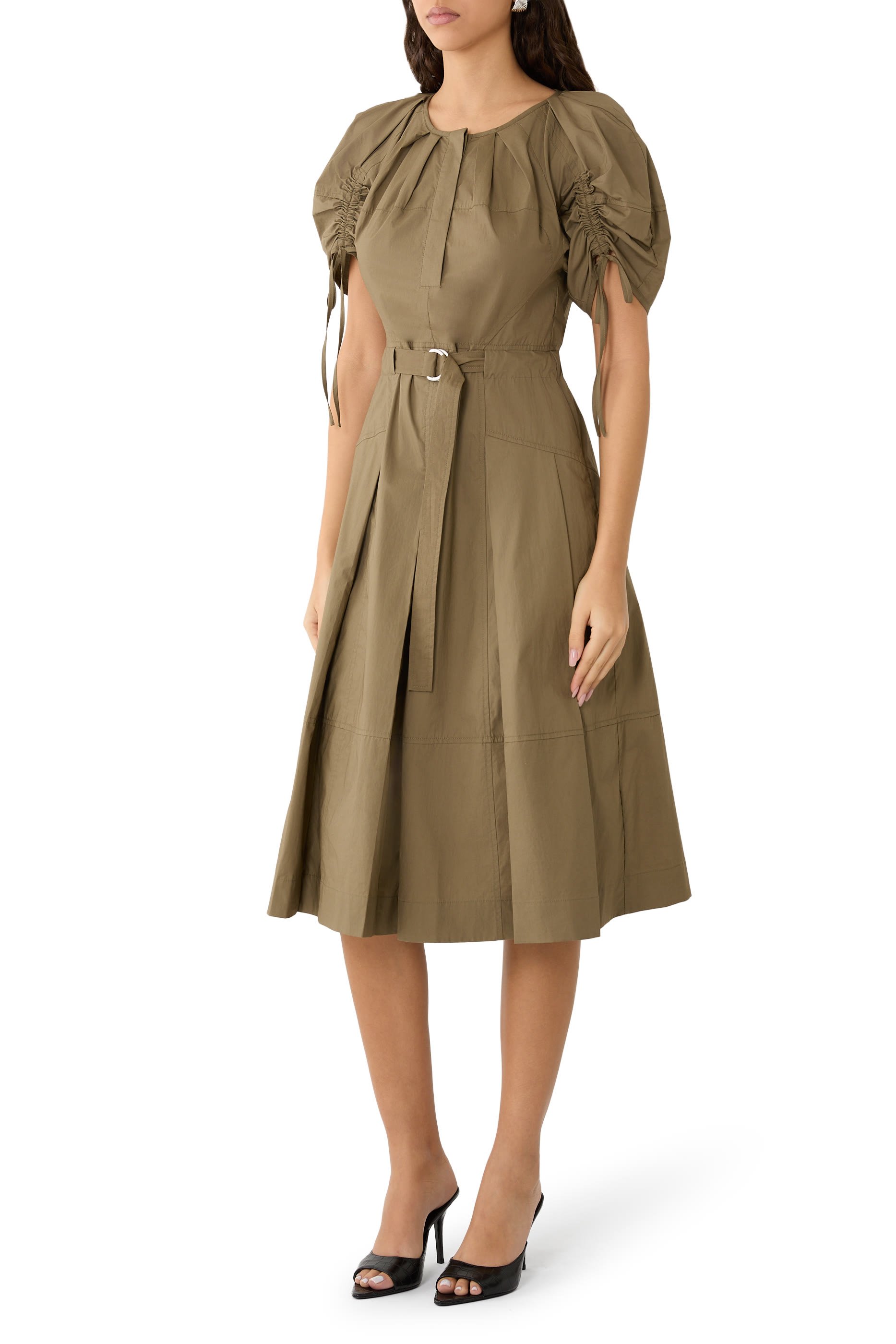 Poplin Ruched Sleeve Midi Dress